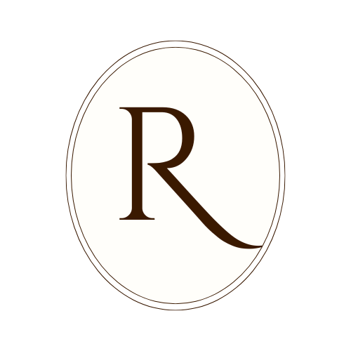Minimalist logo design featuring the letter R in a white oval on black background.