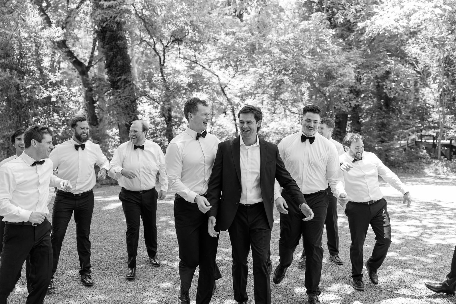 Groom and groomsmen in black tuxedos and bow ties laughing together outdoors in a tree-lined park.