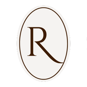 Elegant capital letter R monogram in brown against white oval background with thin brown border.