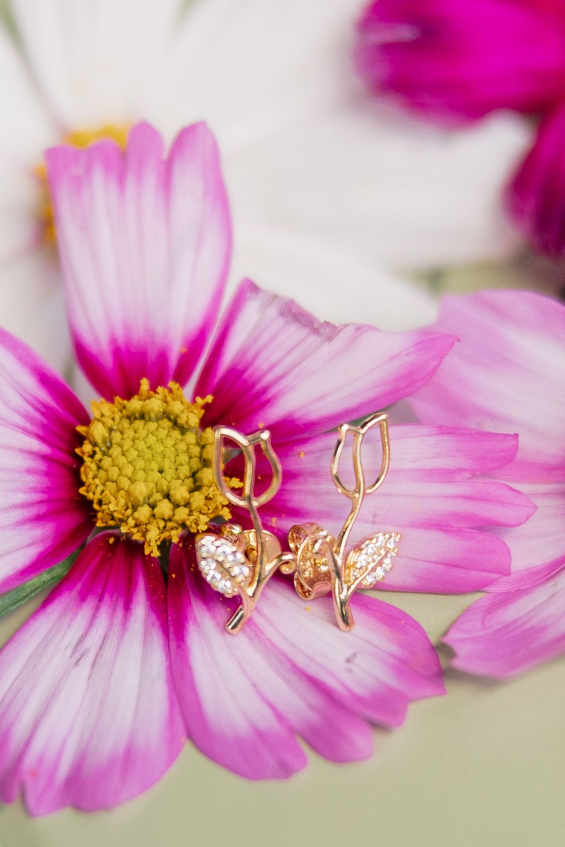 Gold heart and leaf earrings resting on a pink cosmos flower with yellow center, elegant jewelry photography.