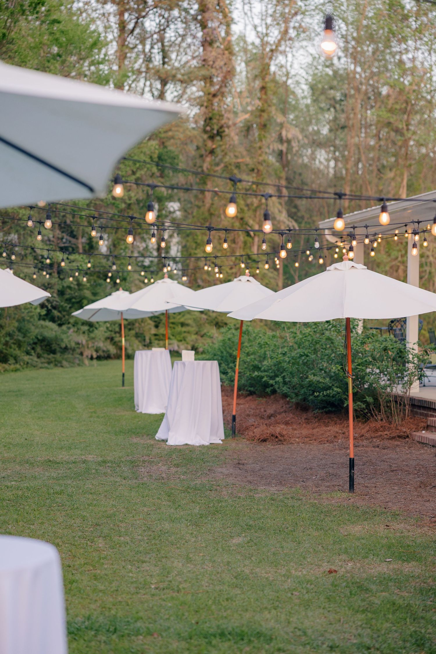 Outdoor wedding reception setup with string lights and white umbrellas along a grassy area.