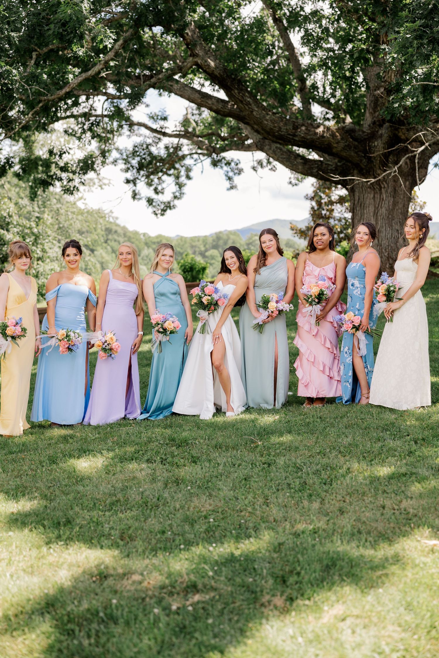 Bridesmaids in pastel dresses lined up on a grassy hillside under large trees.