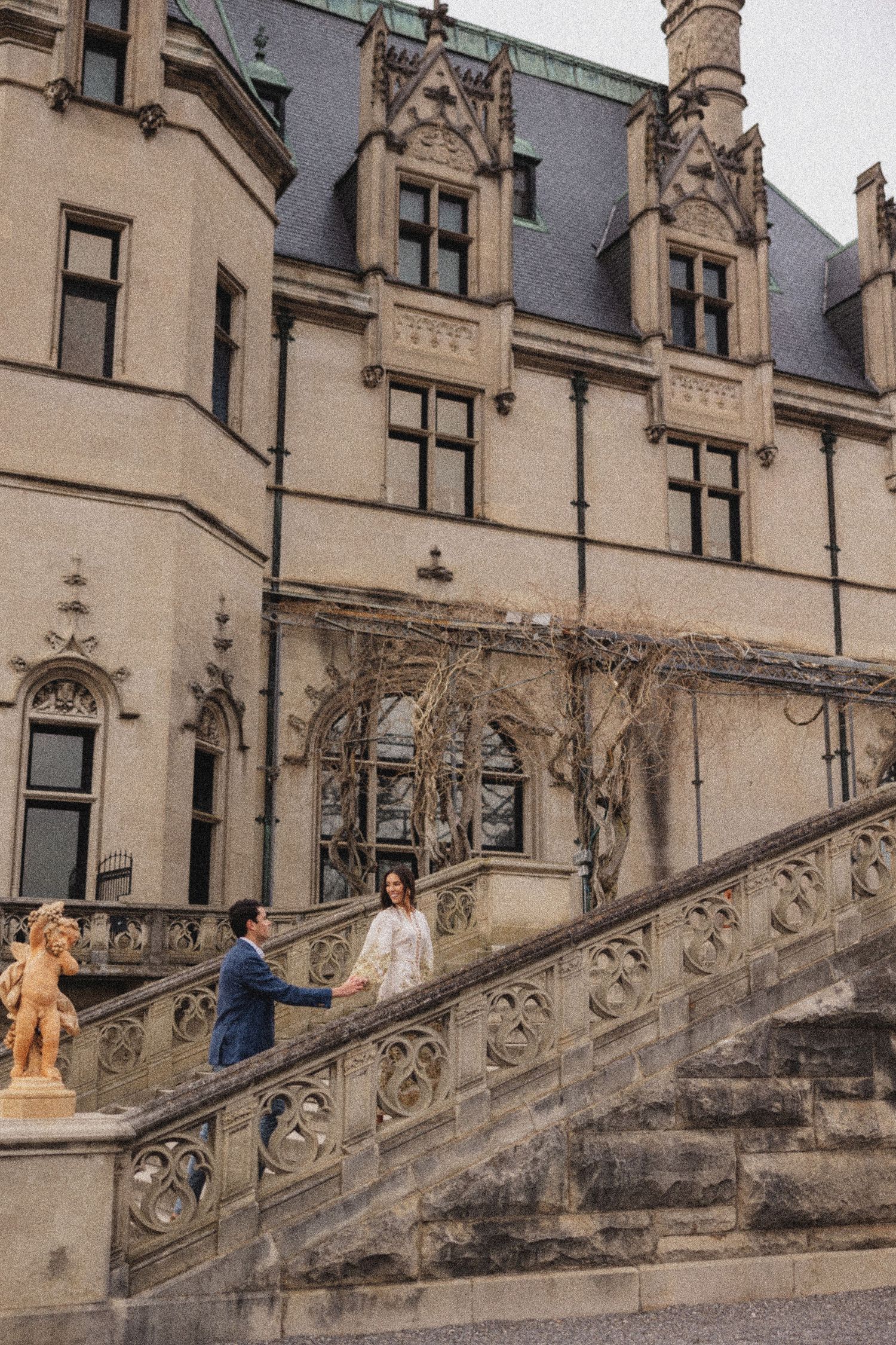 People gather on the ornate stone staircase of the historic Biltmore Estate mansion with its Gothic Revival architecture.