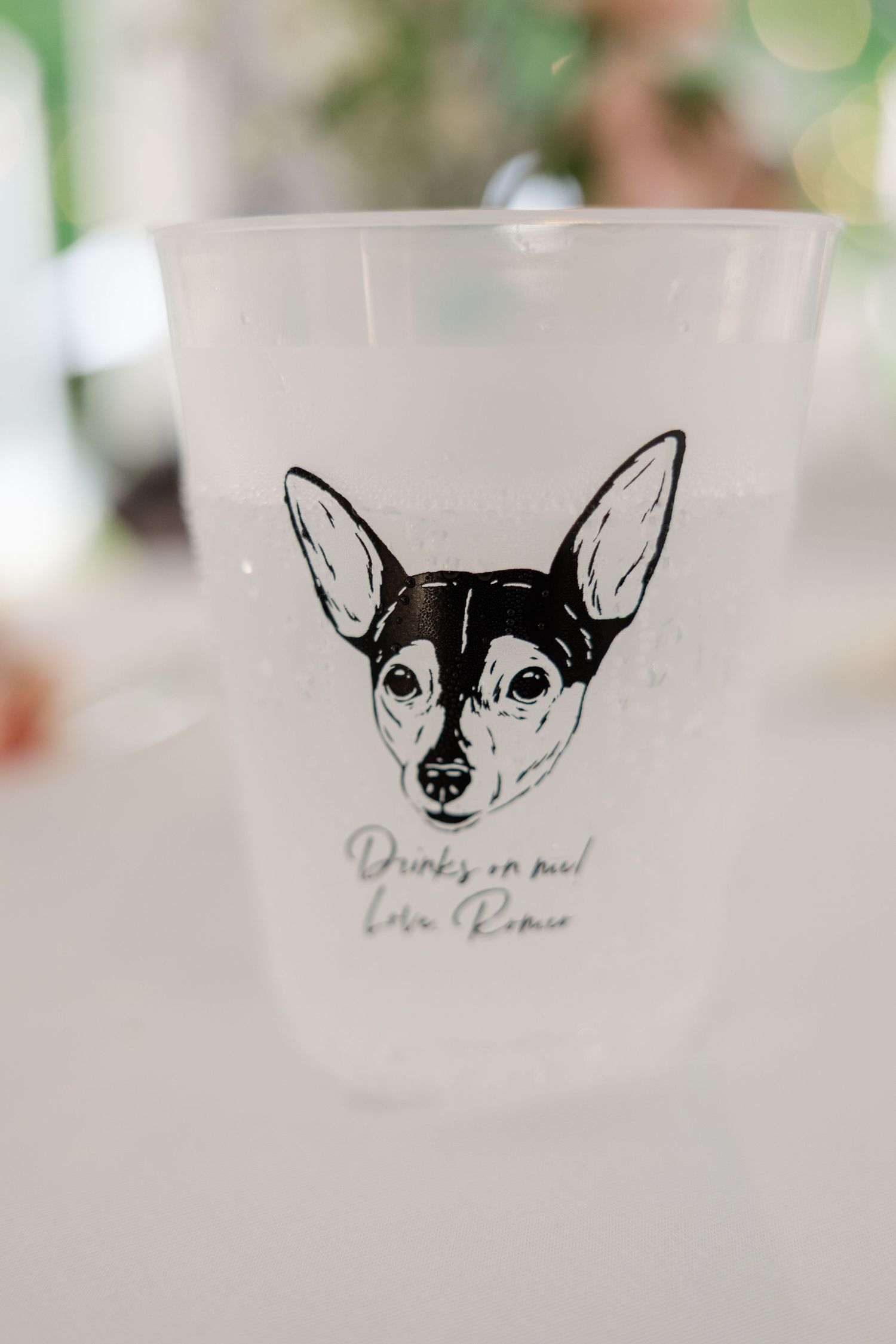 Custom wedding cup featuring hand-drawn chihuahua illustration.