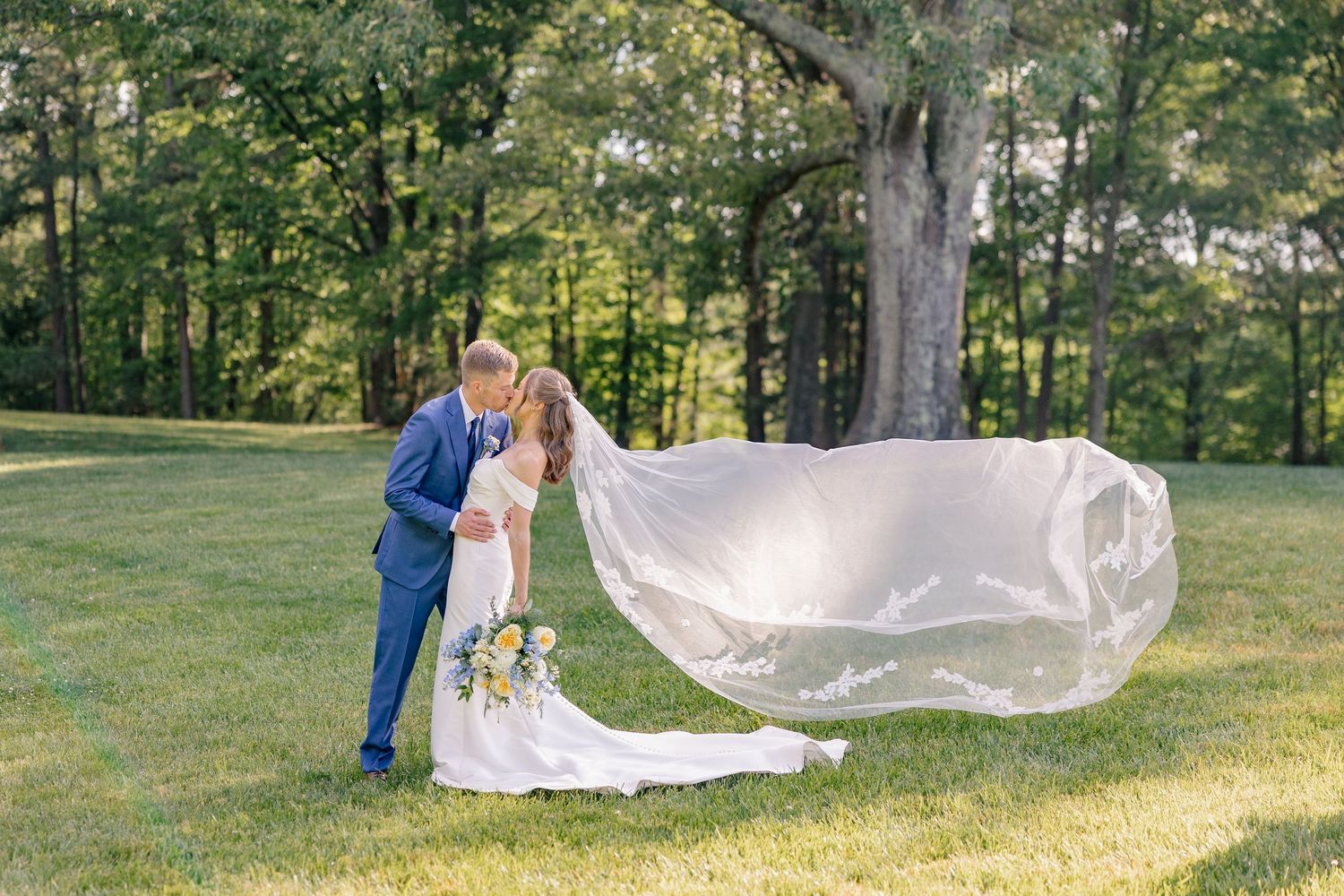 Bride and groom kiss outdoors as her long lace-edged veil billows dramatically in the wind beside large tree.