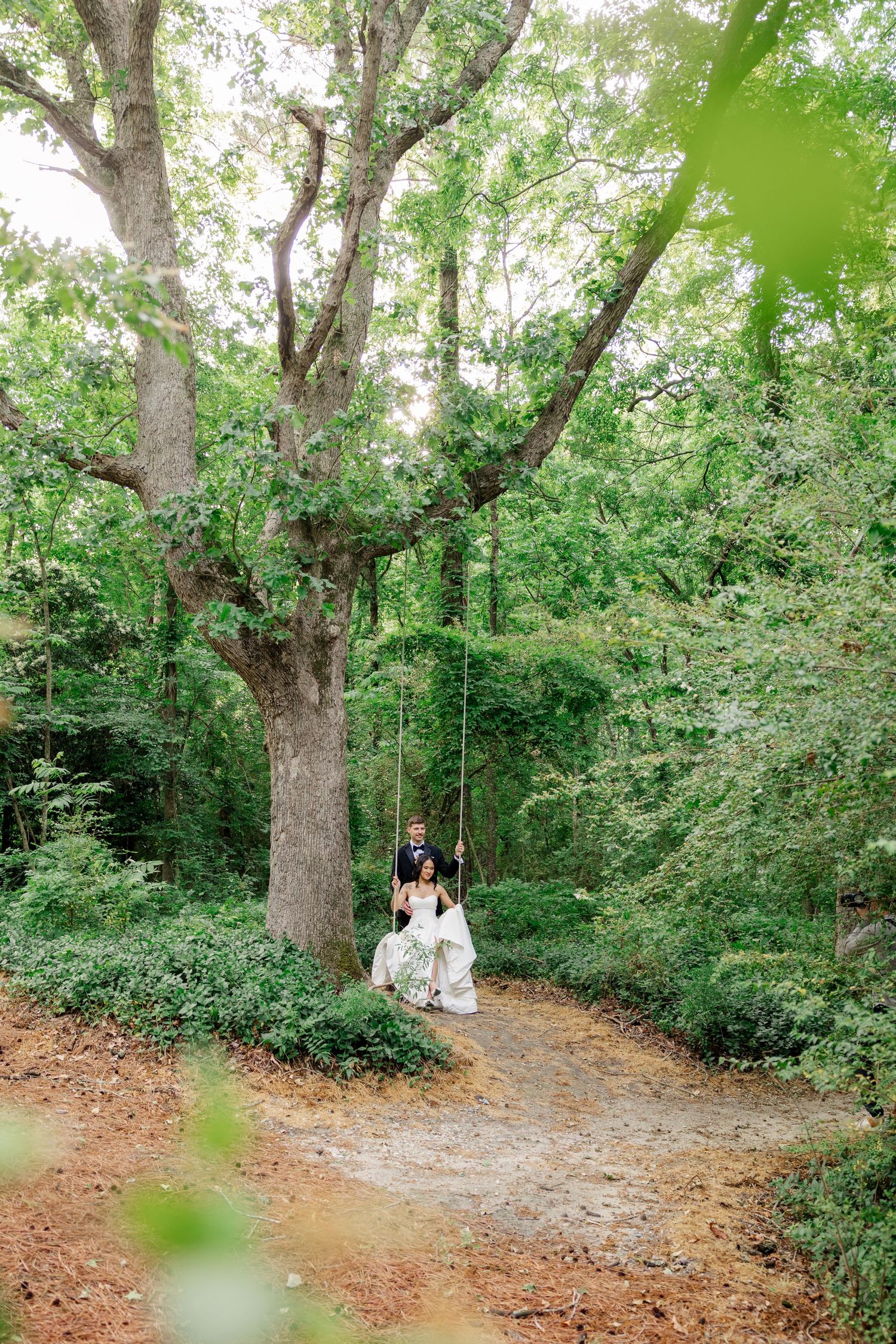 Bride on rustic tree swing in lush forest setting.
