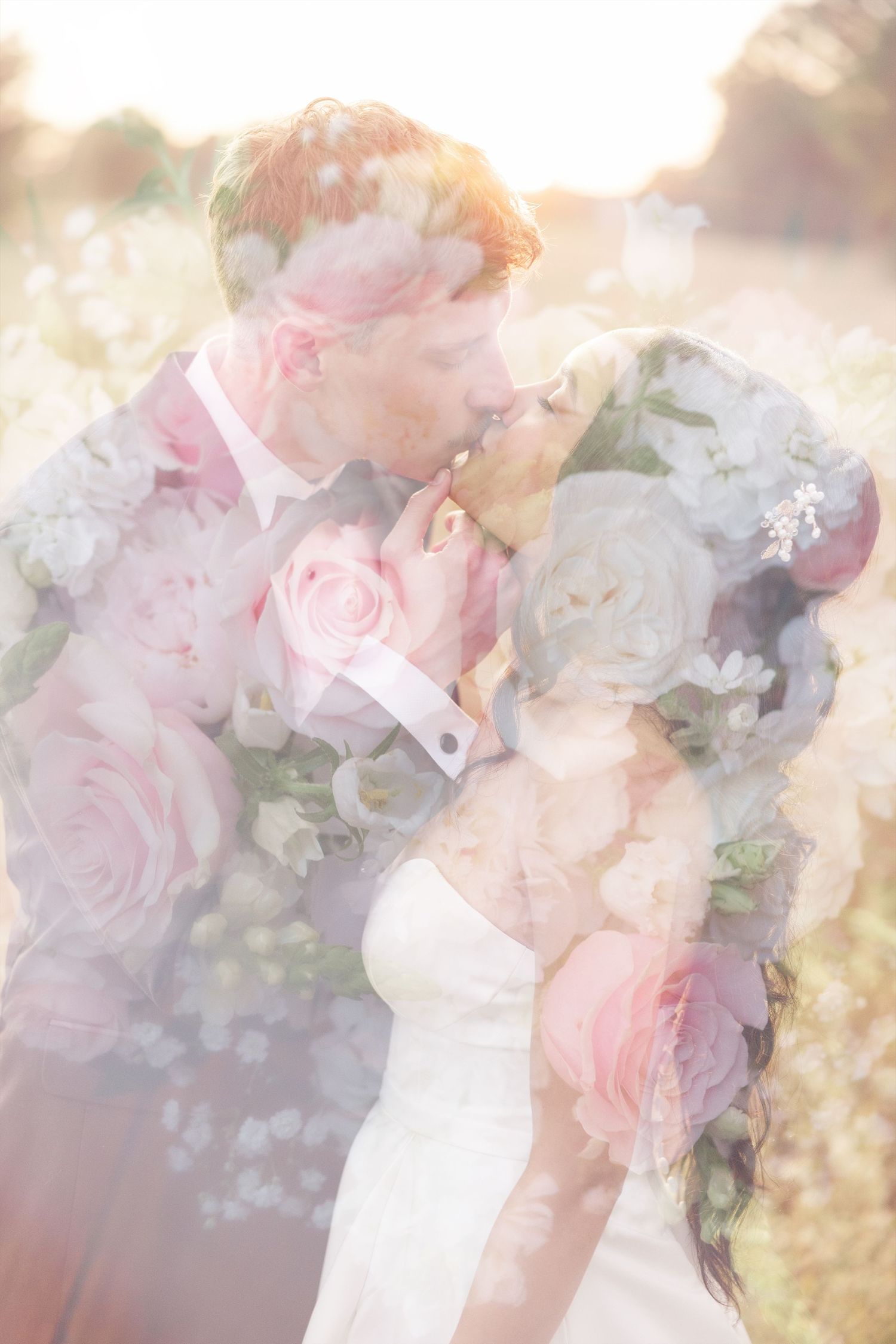 Dreamy double exposure wedding photo overlaid with soft pink roses in golden sunlight.