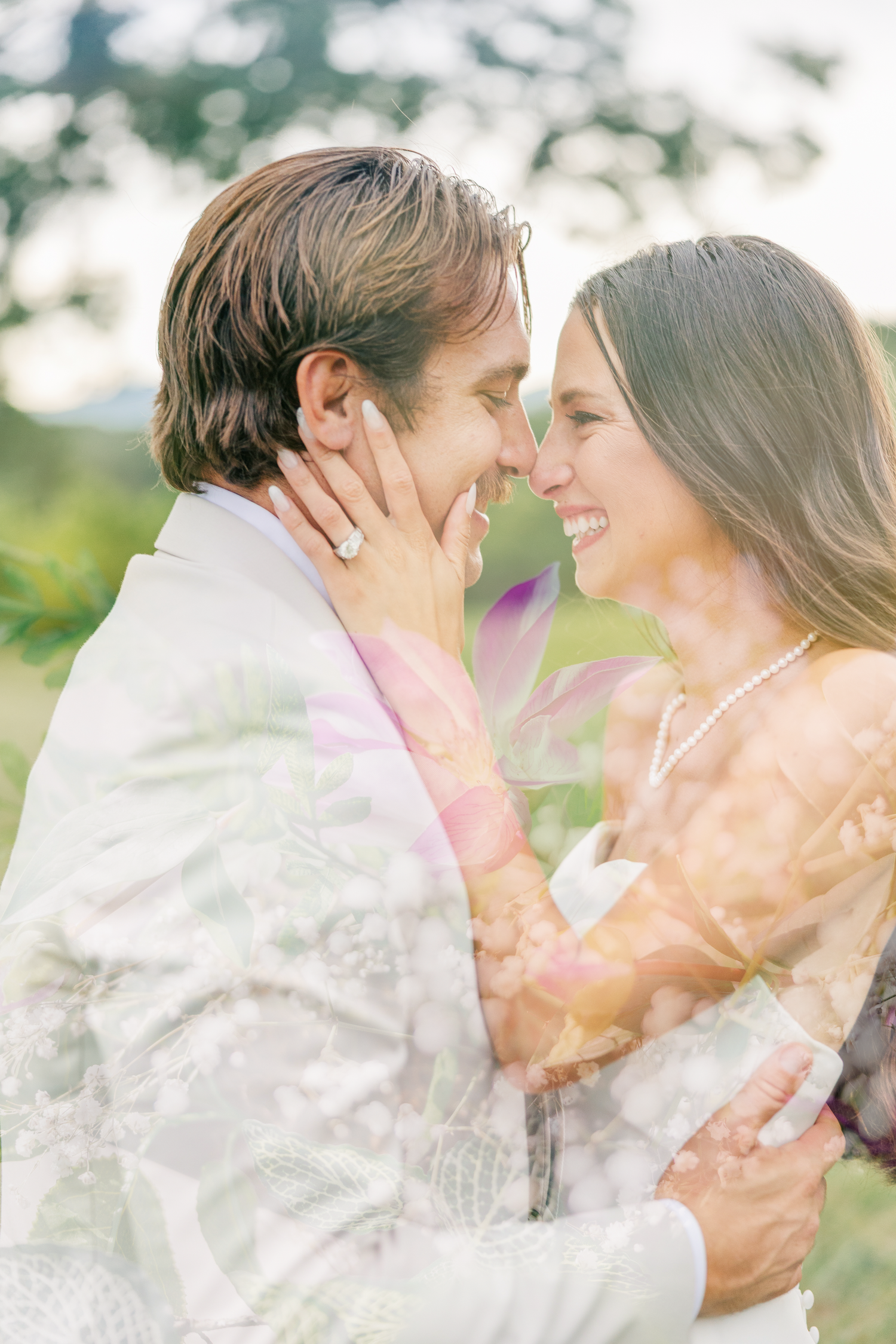A romantic sequence of wedding photos showing a couple embracing and kissing through a delicate veil outdoors. Loralei Inn wedding