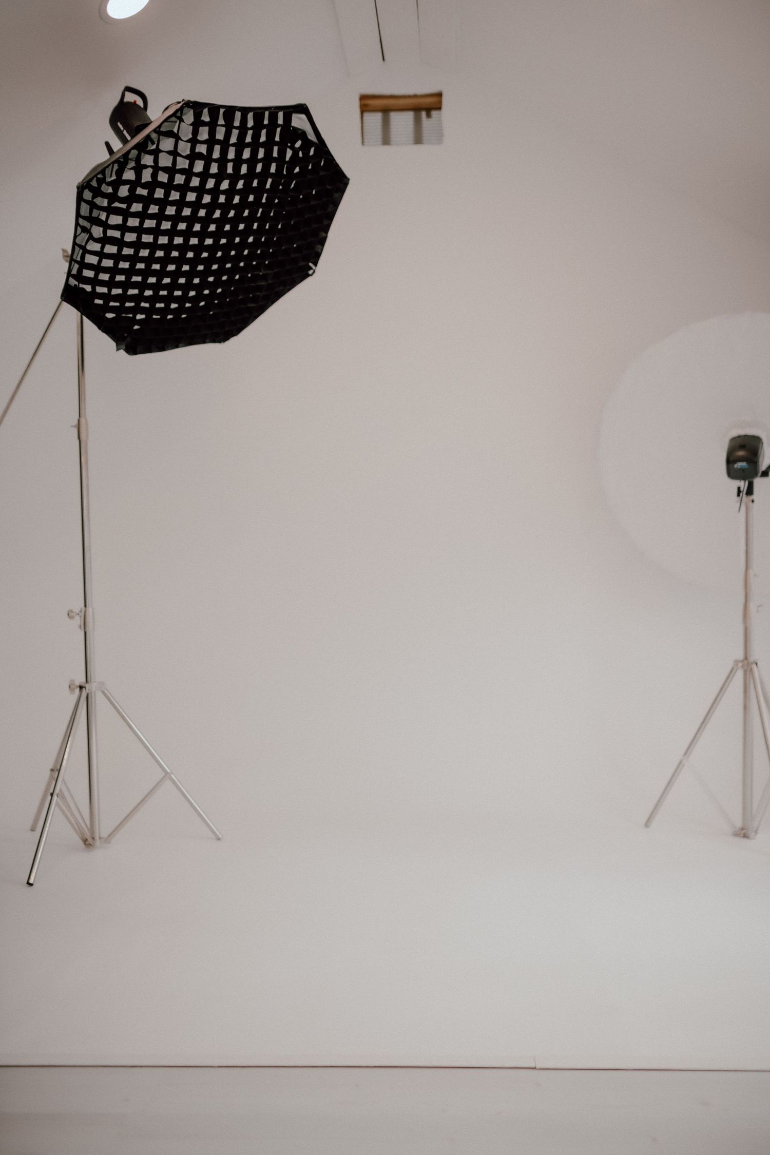Professional photography studio with softbox light and white seamless backdrop setup.