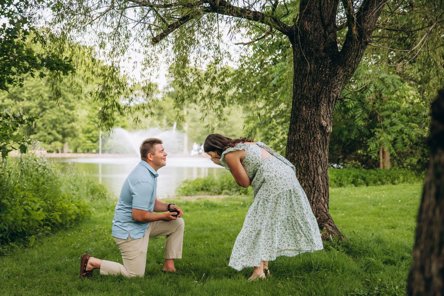 A romantic outdoor proposal scene beneath a willow tree in a lush green park setting.