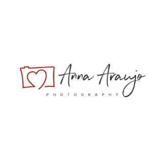 Photography logo design with red heart camera icon and script text on black background.