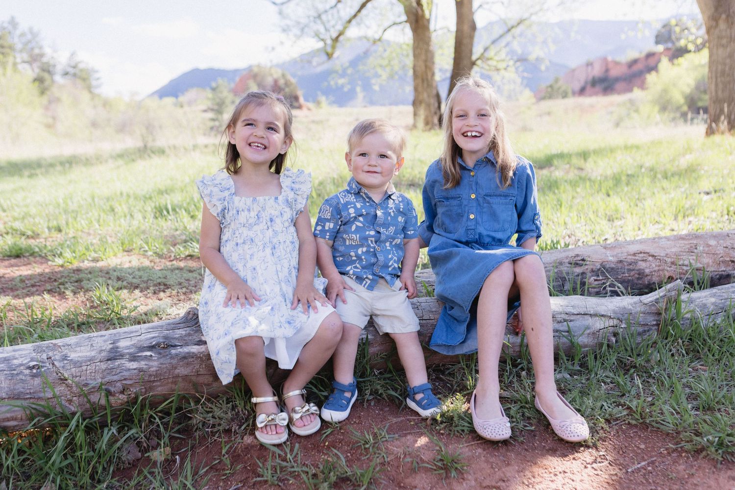 Three young children sit together on a log in a natural outdoor setting with mountains in the background.