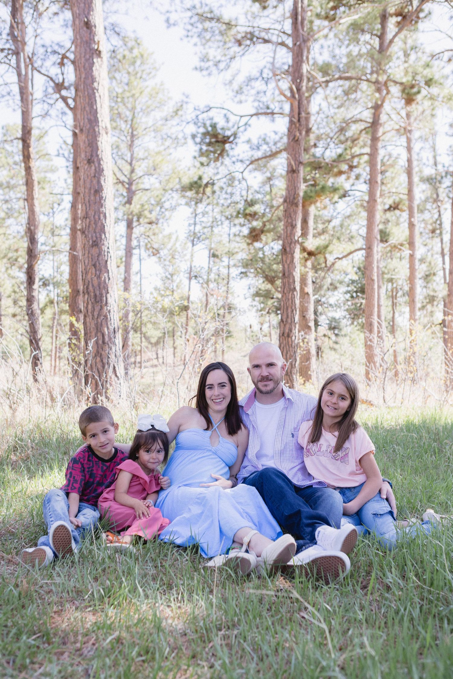 Family sits together on grassy ground in a sunlit pine forest clearing during outdoor photo session.