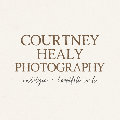 Elegant brown typography logo for Courtney Healy Photography with script text reading 'nostalgic honest souls'.