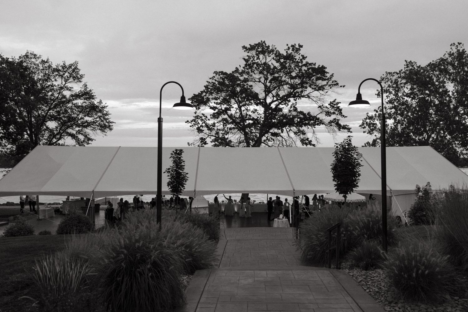 Reception tent outside low light