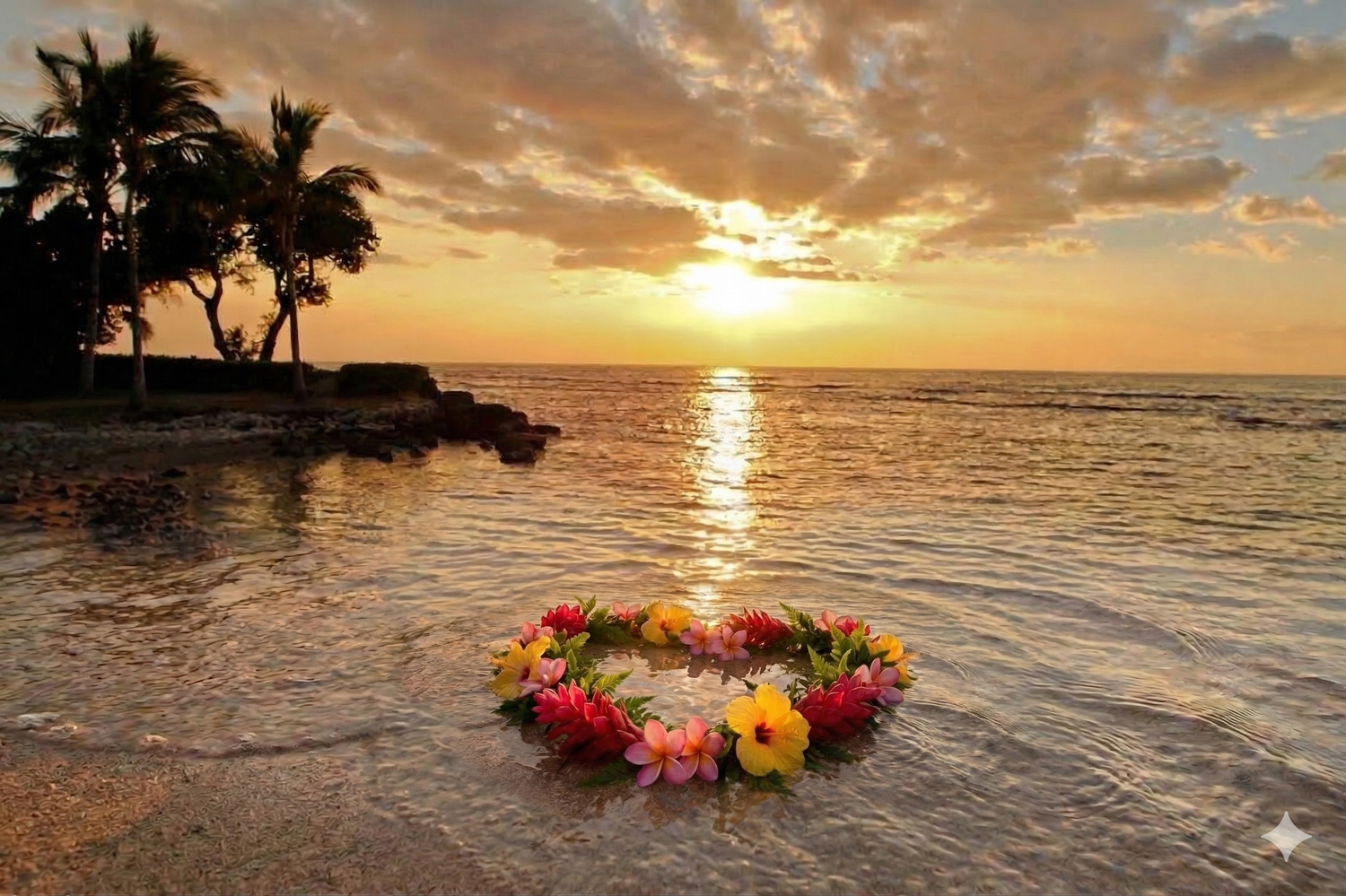 A colorful Hawaiian lei floats on ocean water at sunset during a Kailua-Kona wedding video recording *