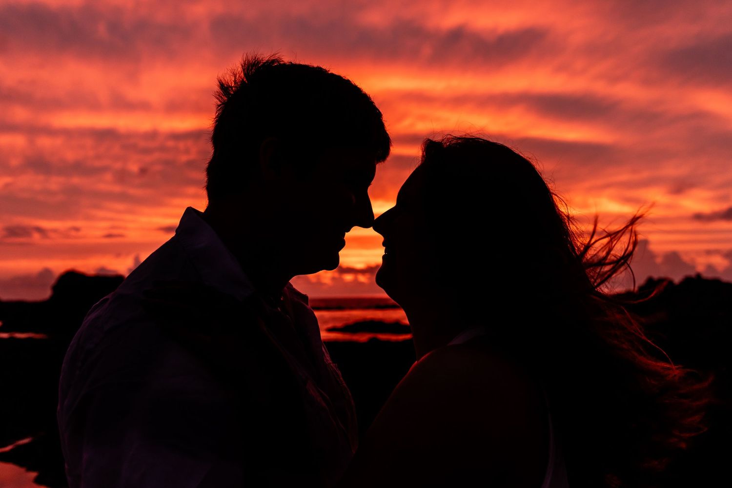 Silhouettes of people and trees against a dramatic red and orange sunset sky across multiple connected photos.