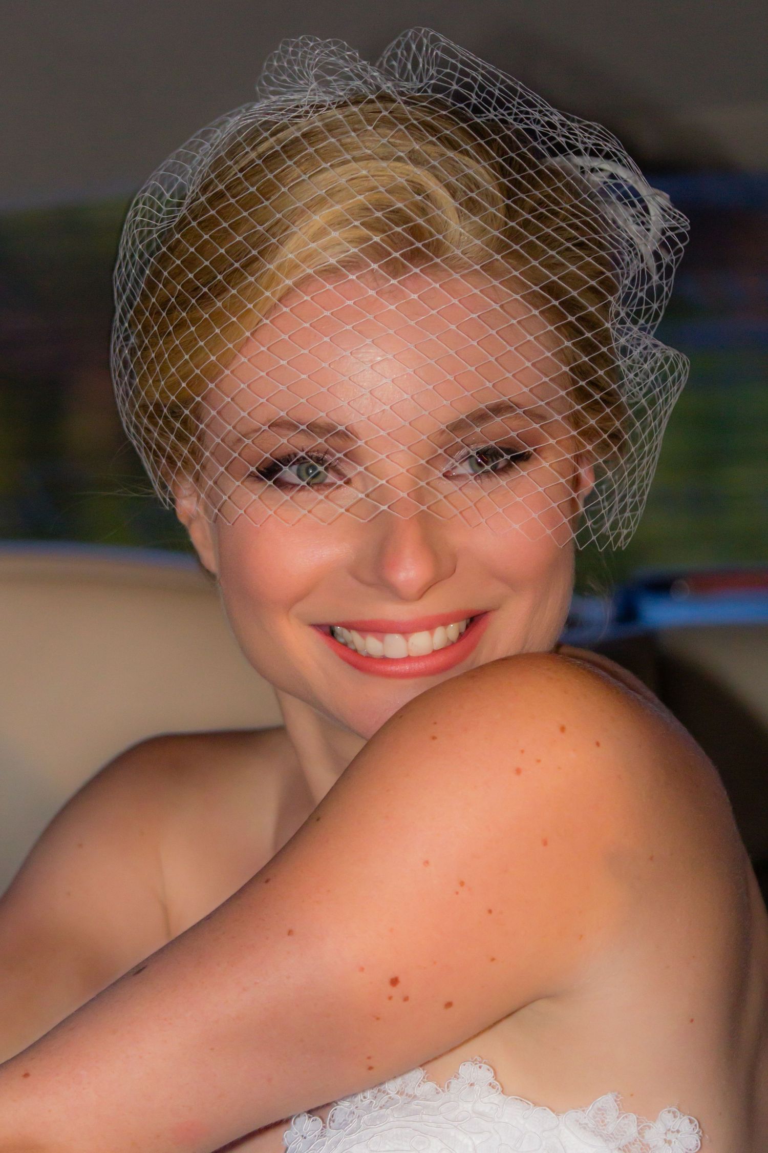 Cropped series of wedding photos showing a bride wearing a vintage-style birdcage veil with a joyful expression.