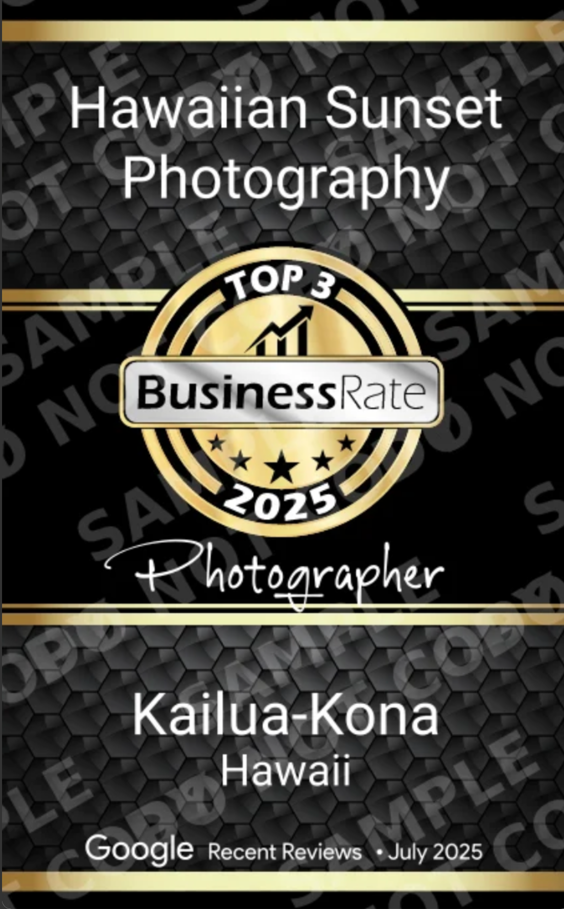BusinessRate Top 3 Photographer award badge for Hawaiian Sunset Photography in Kailua-Kona, Hawaii for 2023.