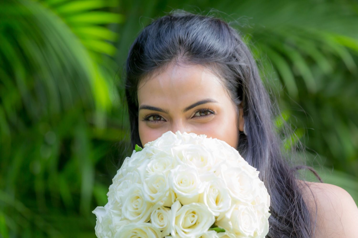 A bride hides behind a white rose bouquet in front of tropical greenery in the lawn of the Hilton Hawaiian Village hotel in Honolulu.