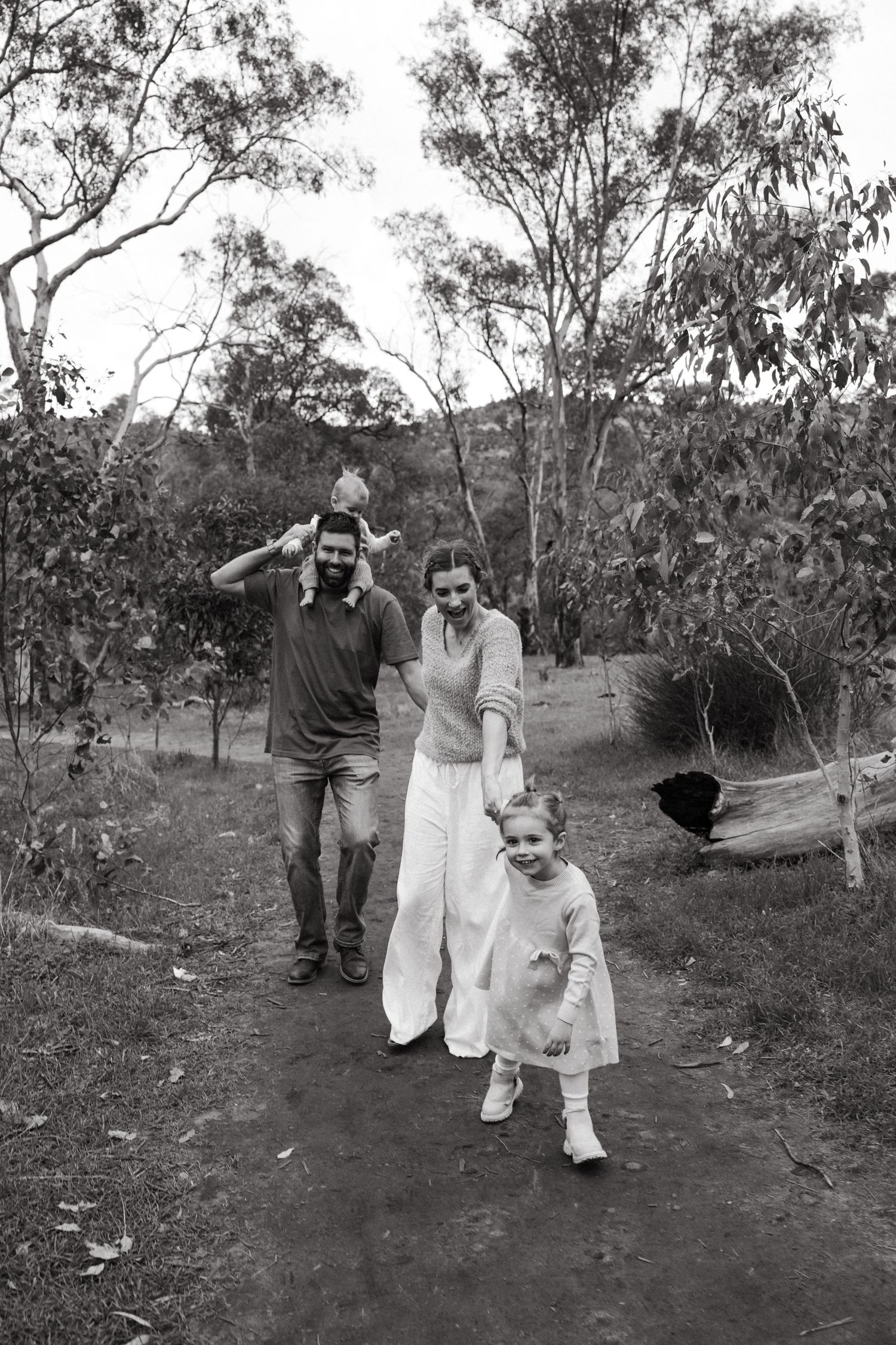 Black and white image series showing people walking on a dirt path through a eucalyptus grove.