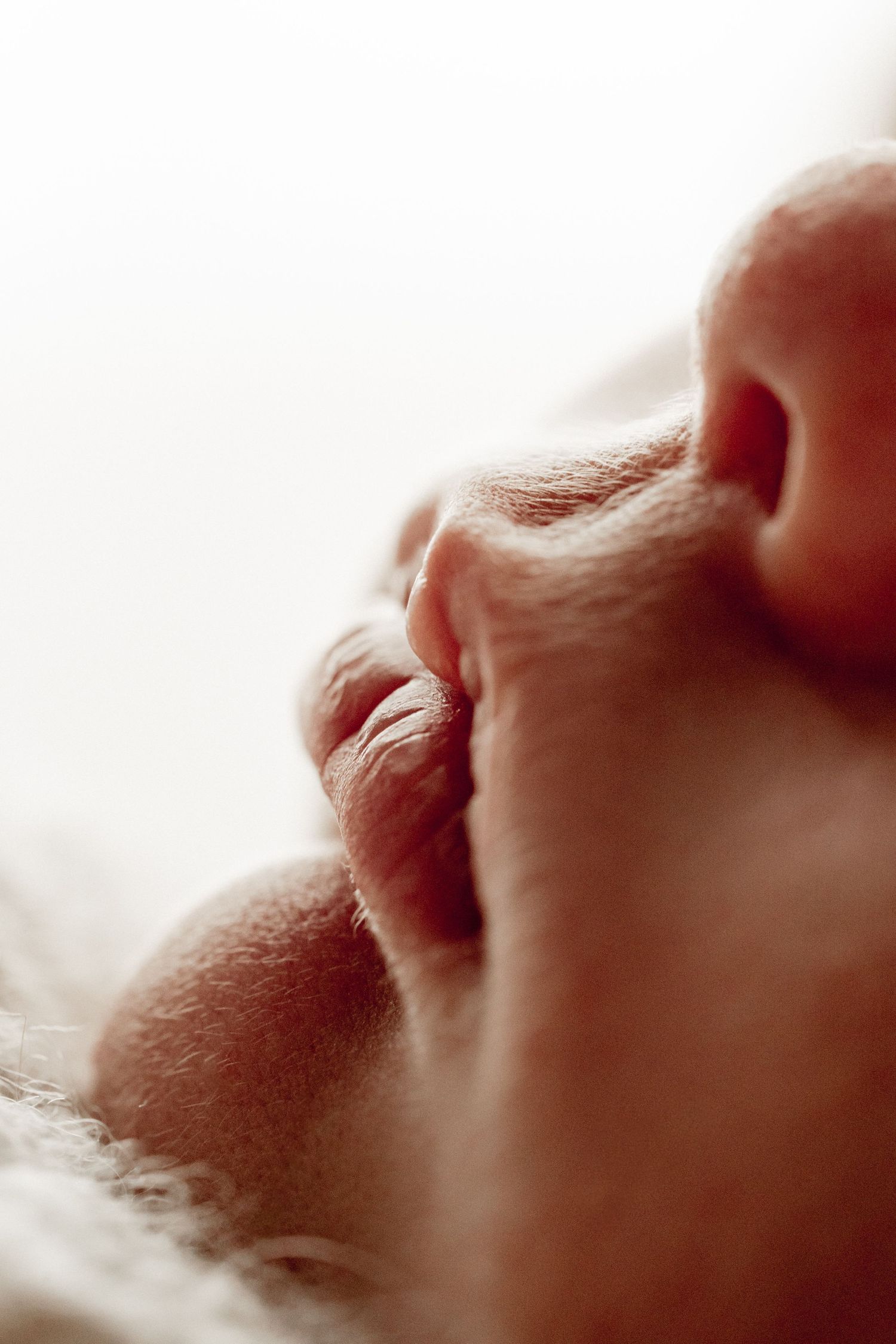Close-up of a sleeping newborn baby's face and tiny hand tucked under chin on soft white blanket.