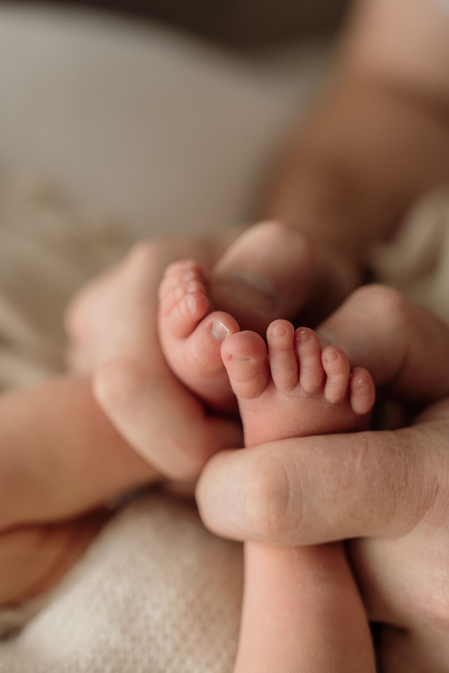 A close-up view of tiny baby toes and feet resting on white fabric.