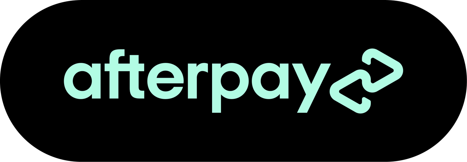 Afterpay logo in mint green text on a black oval background.