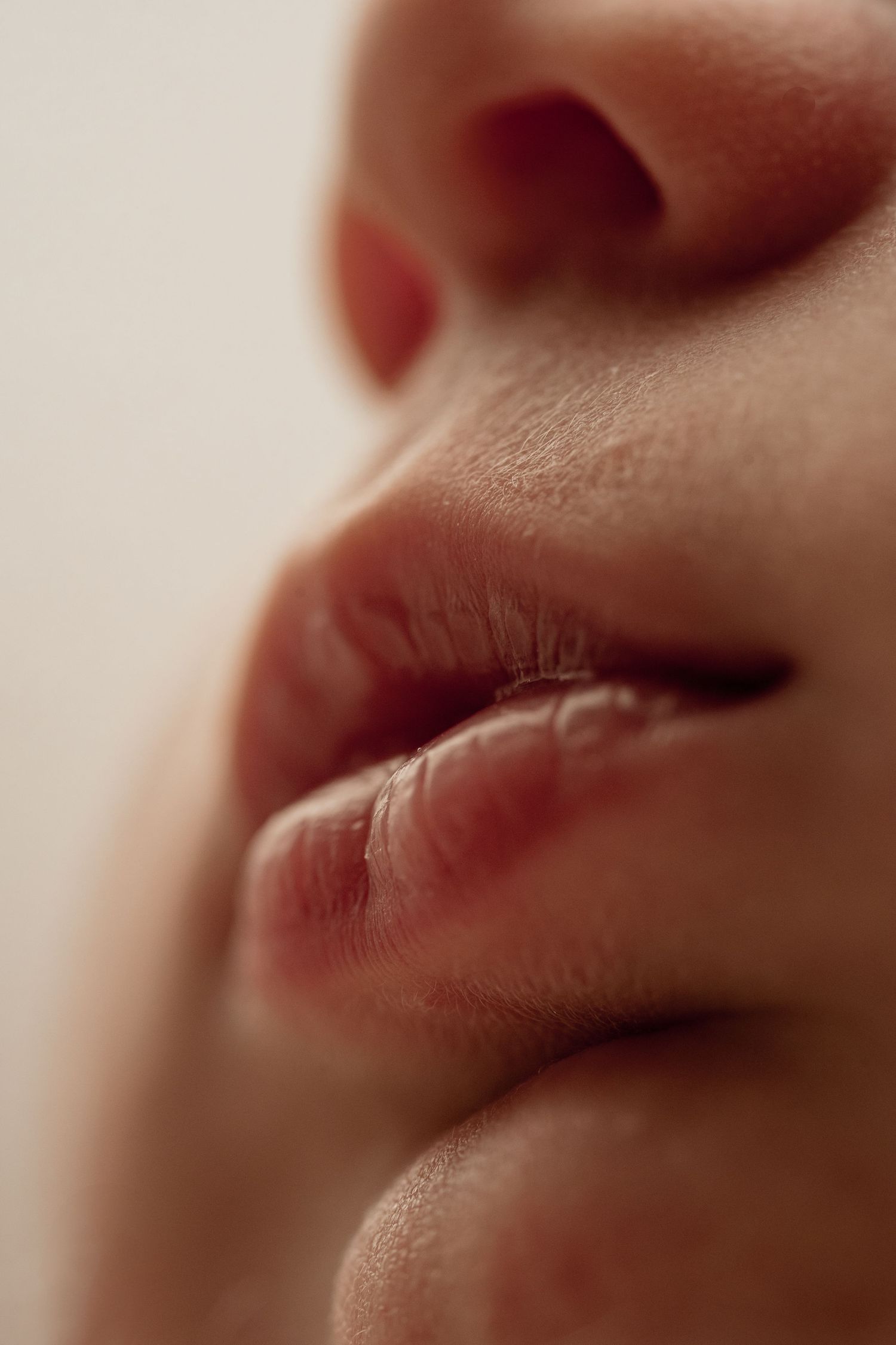 Close-up macro photograph of lips and nose in soft focus with natural lighting and warm skin tones.