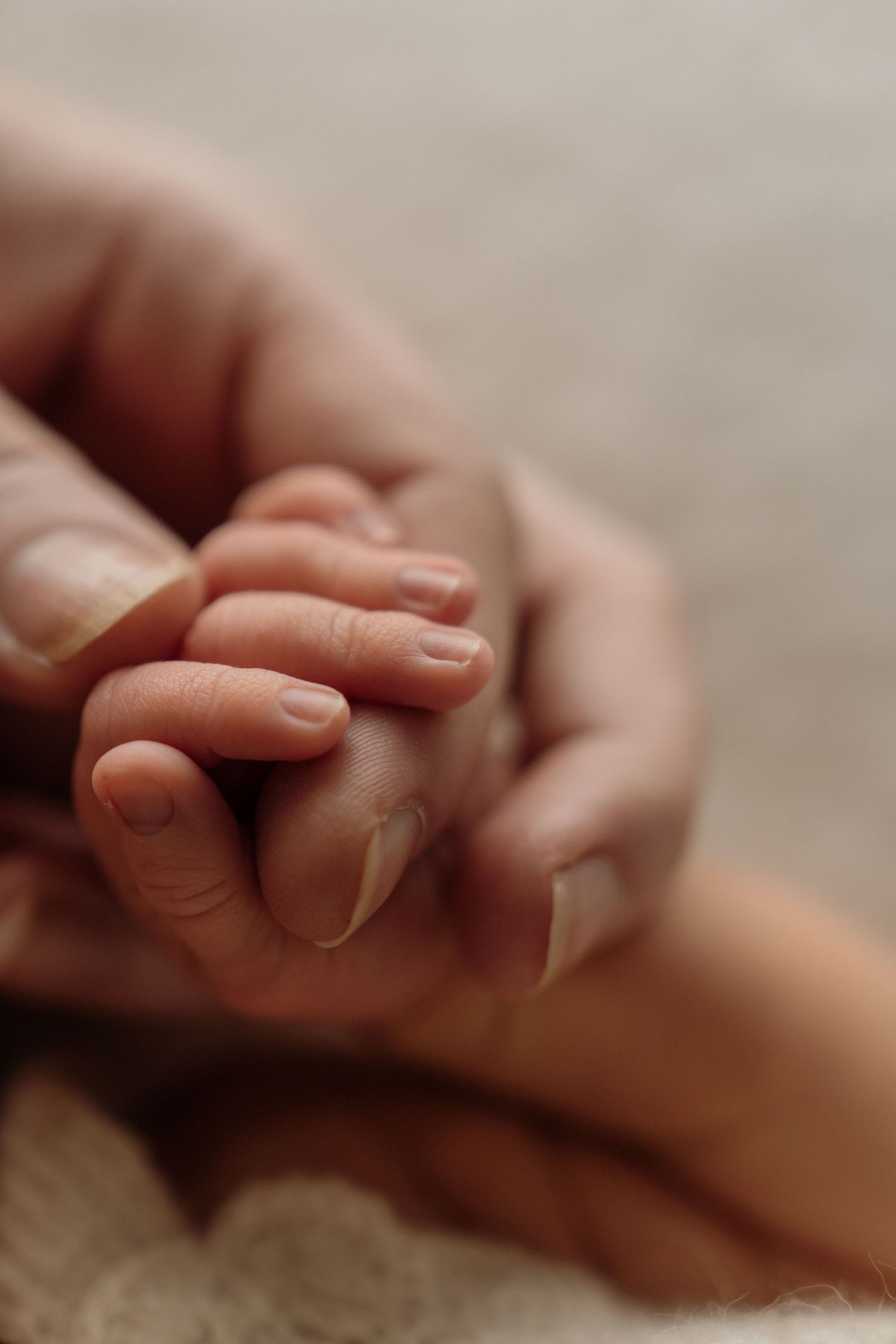 A tender closeup of a baby's tiny hand grasping an adult's finger against a soft, neutral background.