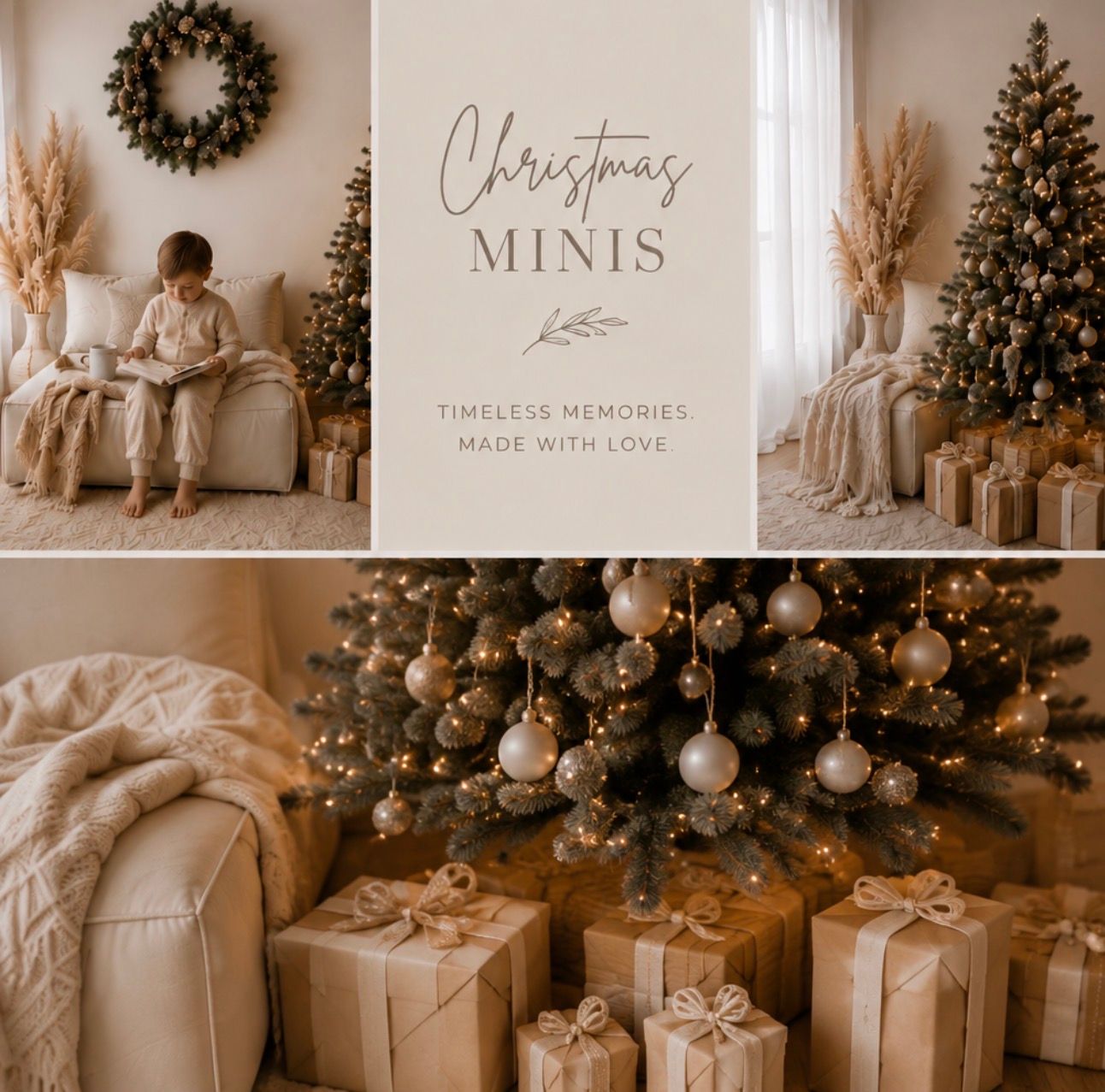 Elegant Christmas mini photo session with neutral tones, decorated trees, gifts, and a child reading in a cozy holiday setting.