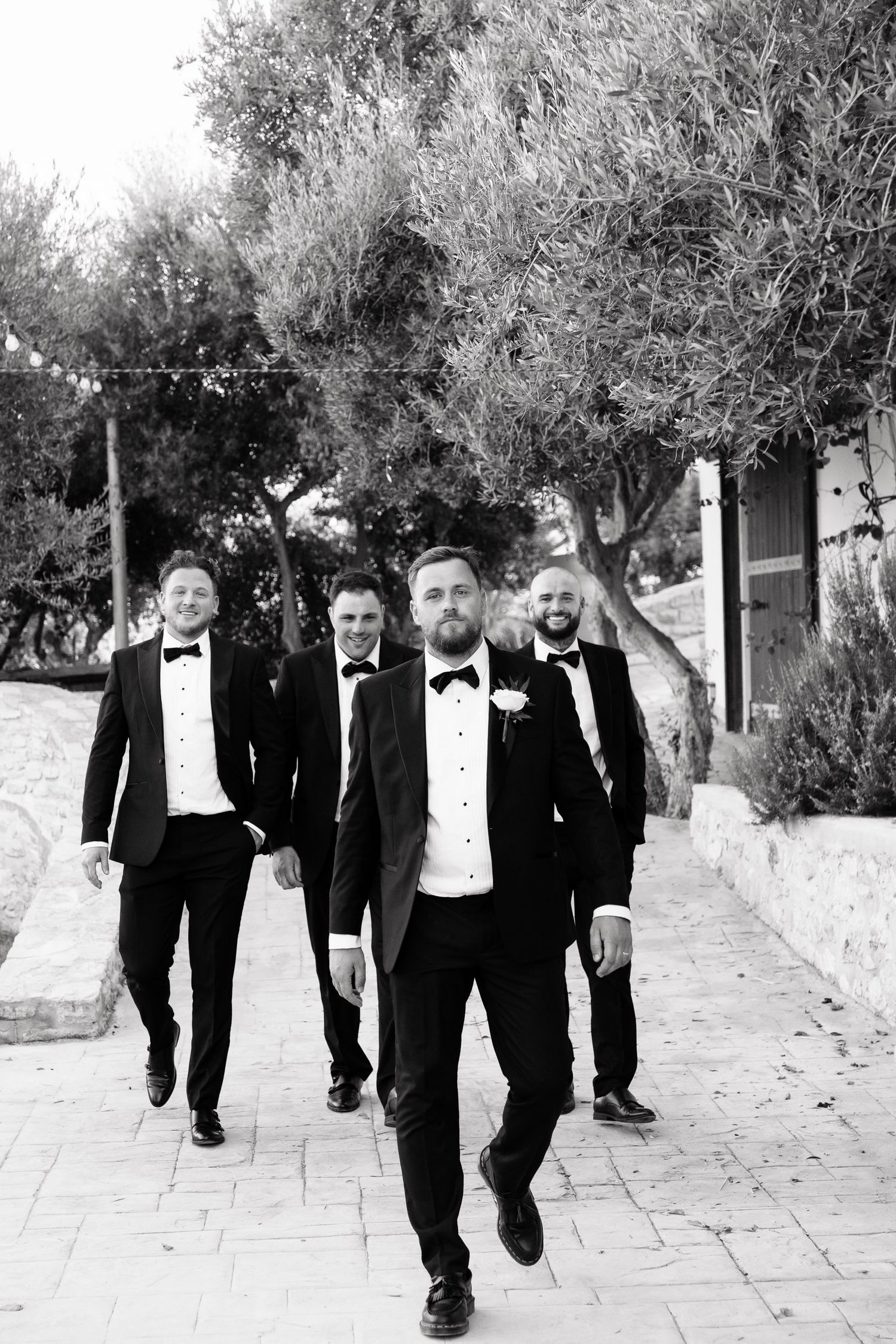 A group of groomsmen in black tuxedos and bow ties walk together on a stone path surrounded by olive trees.