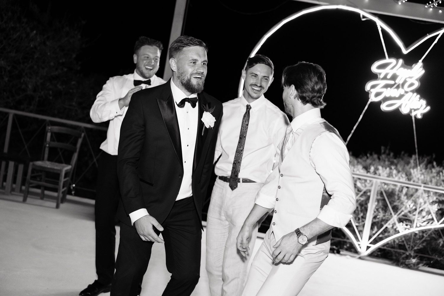 A black and white photo collage showing formal events and gatherings with people in tuxedos and evening wear.