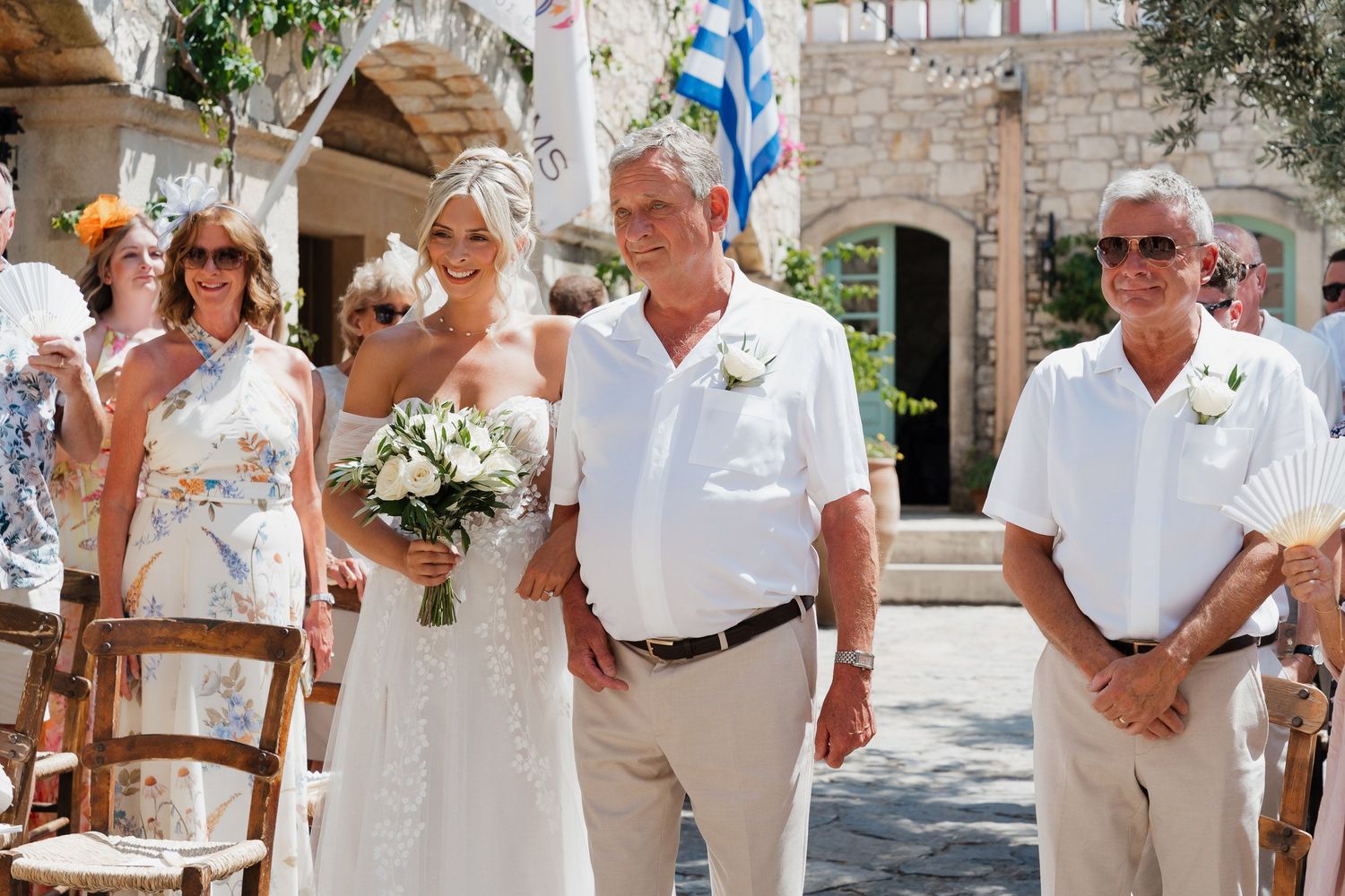 A series of wedding photos showing people in white attire celebrating outdoors at a sunny venue.