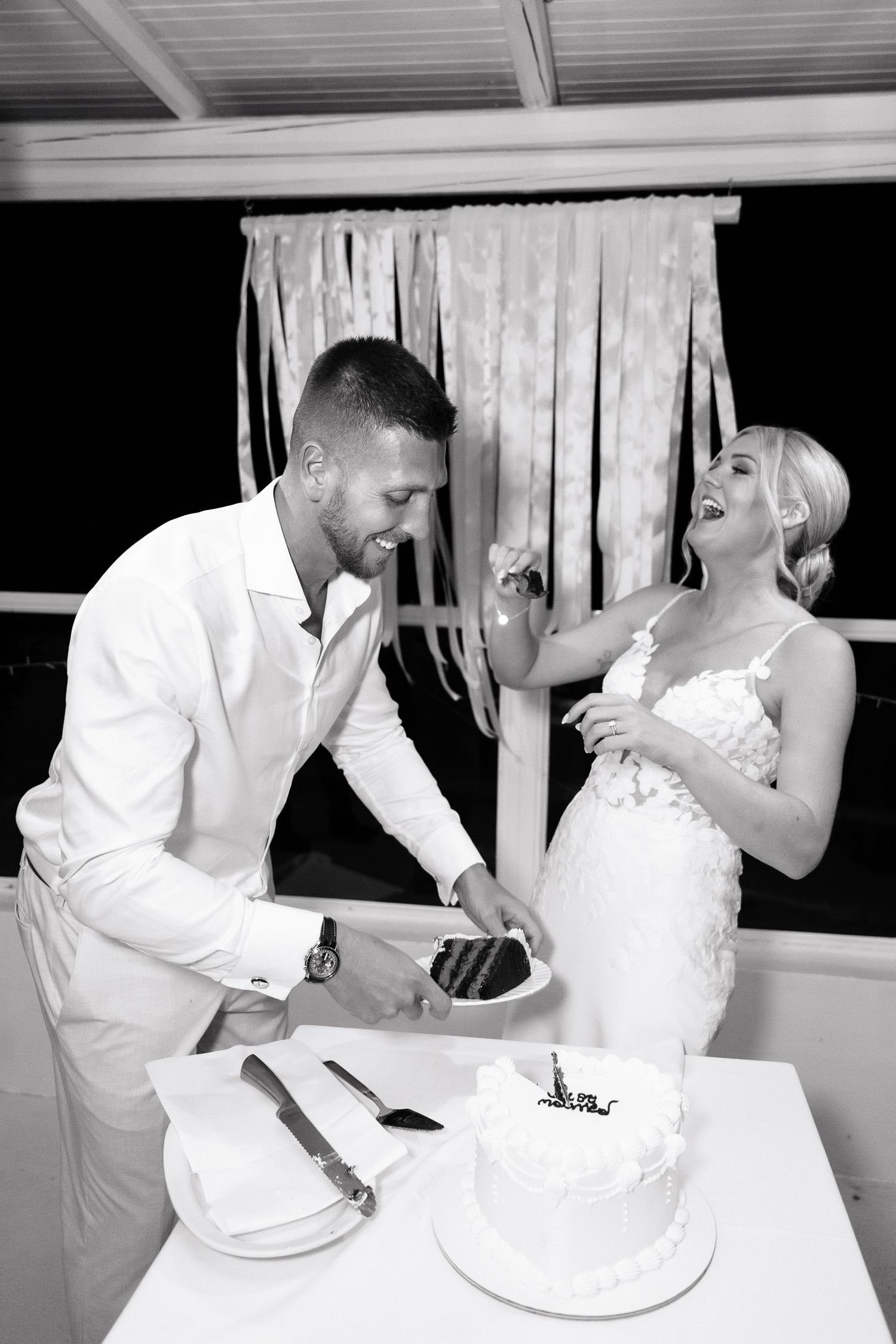 A sequence of wedding cake feeding photos shows a playful moment between newlyweds at their reception.