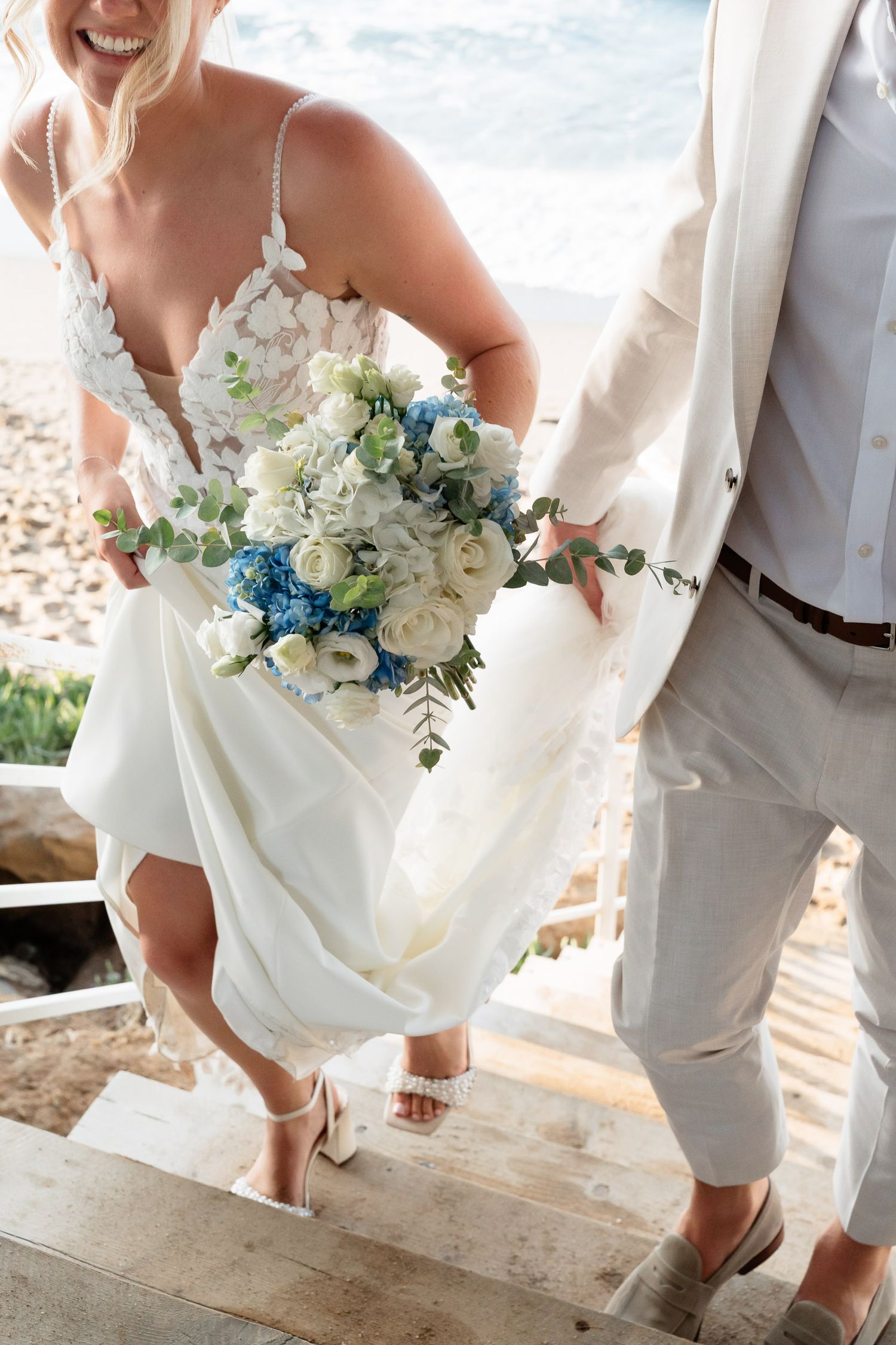 Series of photos showing wedding bouquets with blue and white flowers against a beach backdrop.