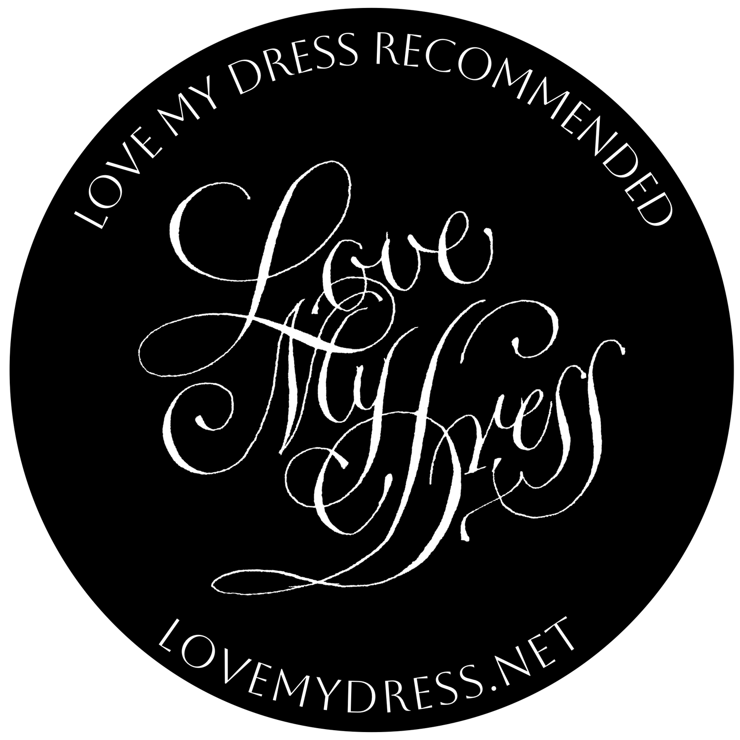 Elegant black and white circular logo design for Love My Dress with decorative script typography and text.