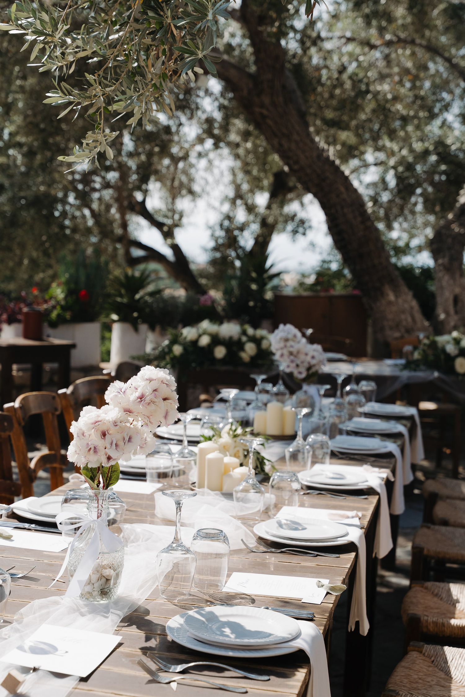 Elegant outdoor table setting under olive trees with pink floral centerpieces, white plates and rustic wooden details.