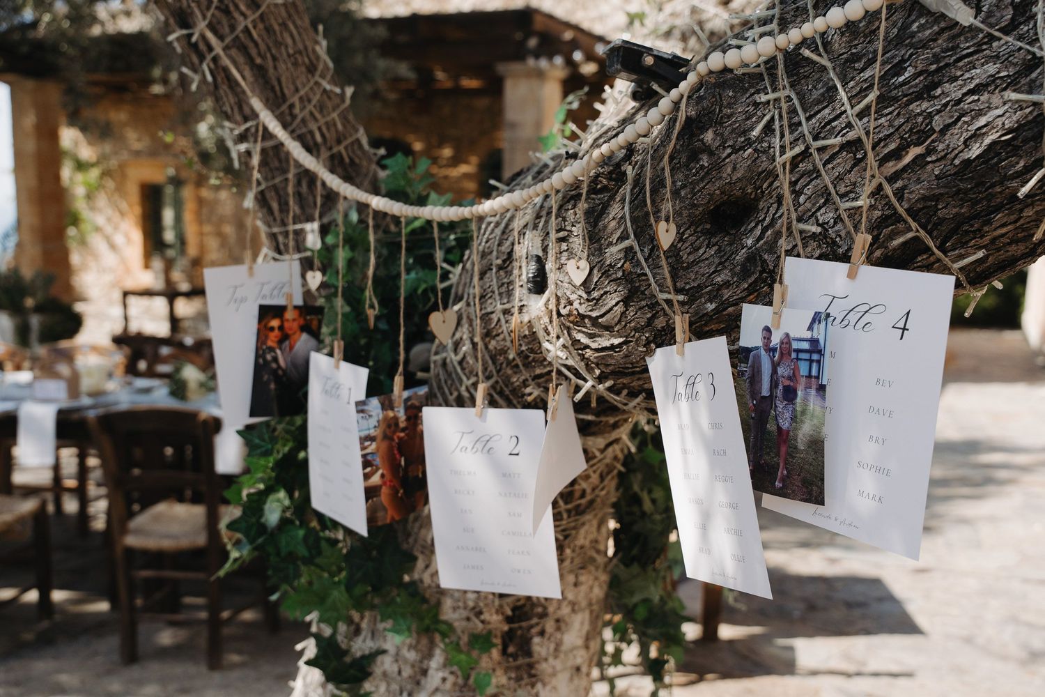 White paper notes hanging from tree branches create a whimsical outdoor art installation in a garden setting.