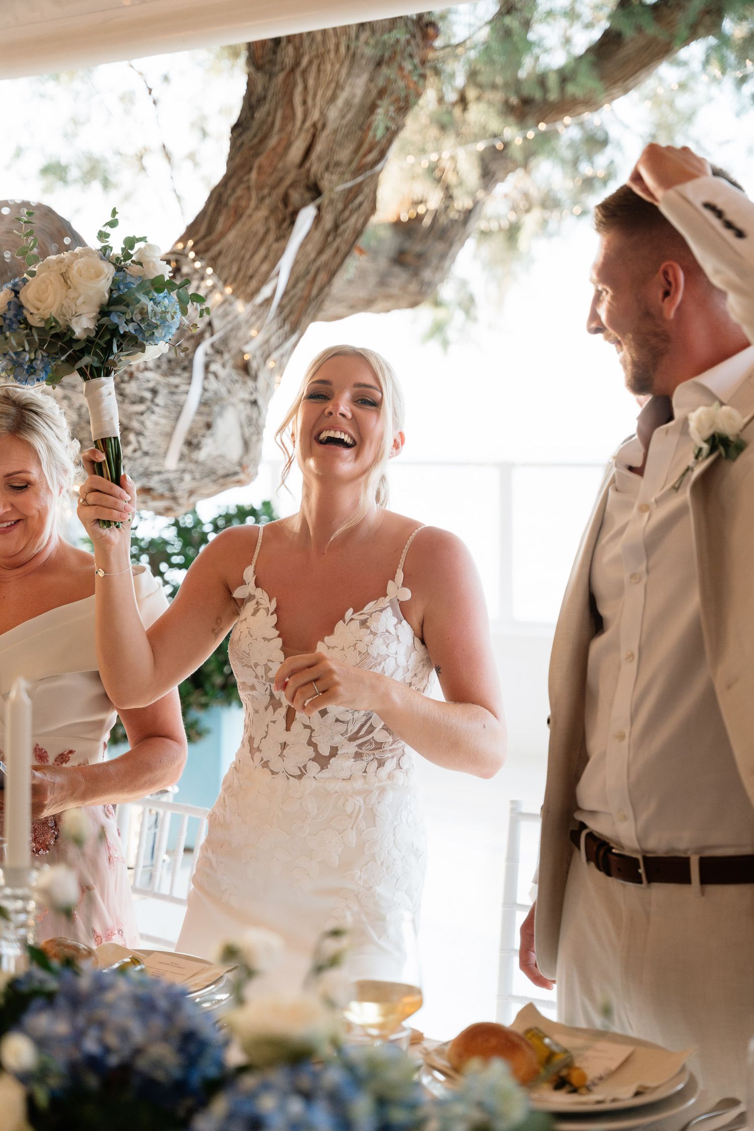 A series of candid wedding moments showing a couple sharing laughter while cutting their wedding cake together.