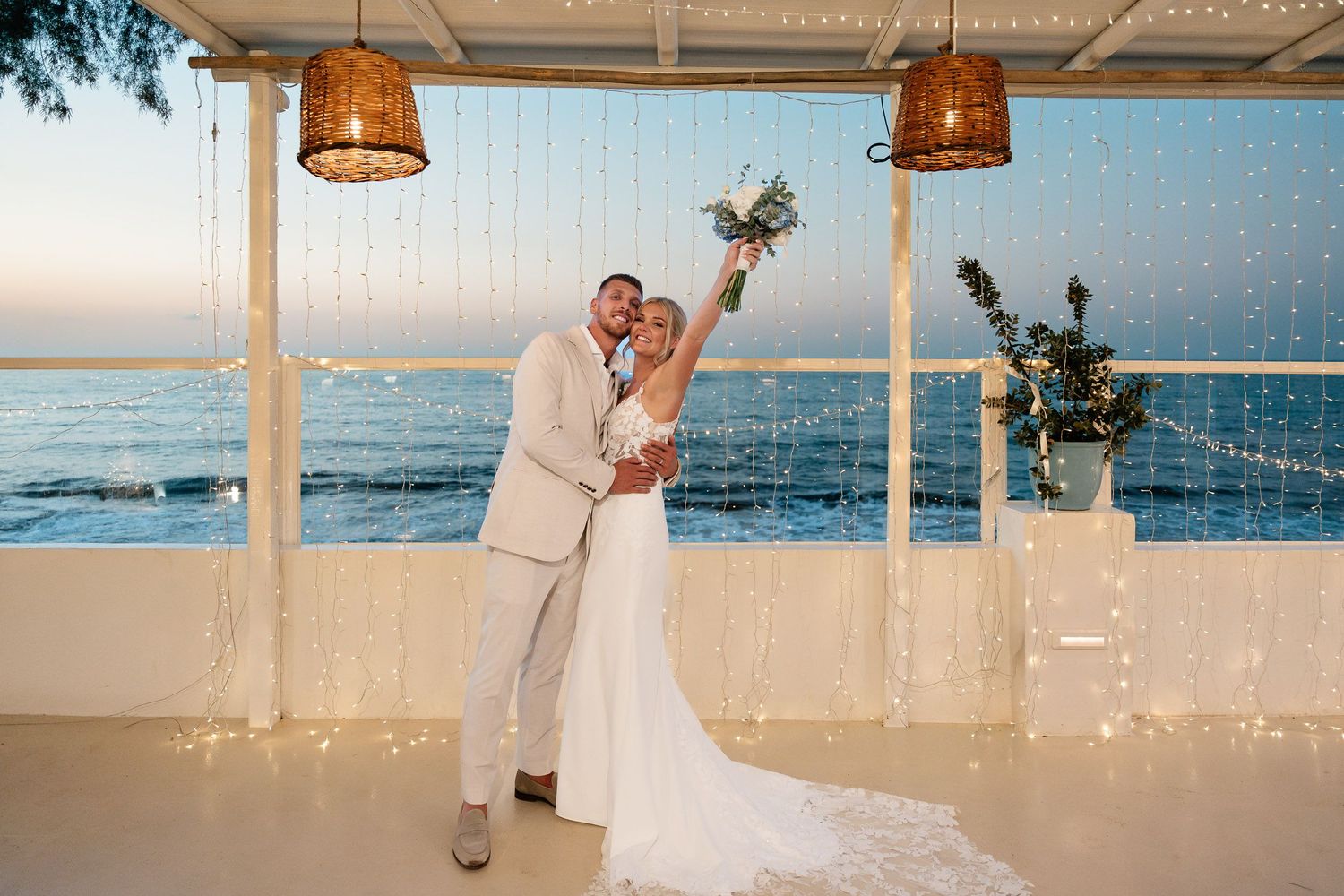 Romantic beach wedding ceremony sequence showing couple and decor against ocean backdrop at sunset.