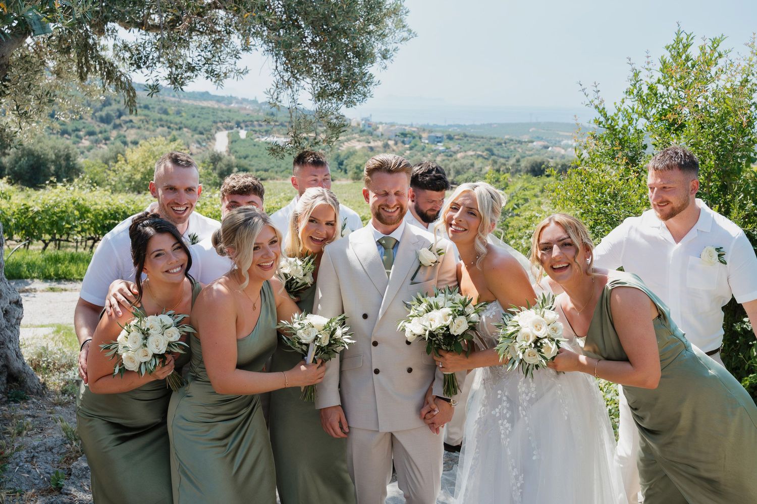 Wedding party members pose in a row with champagne glasses at an outdoor celebration overlooking scenic hills.