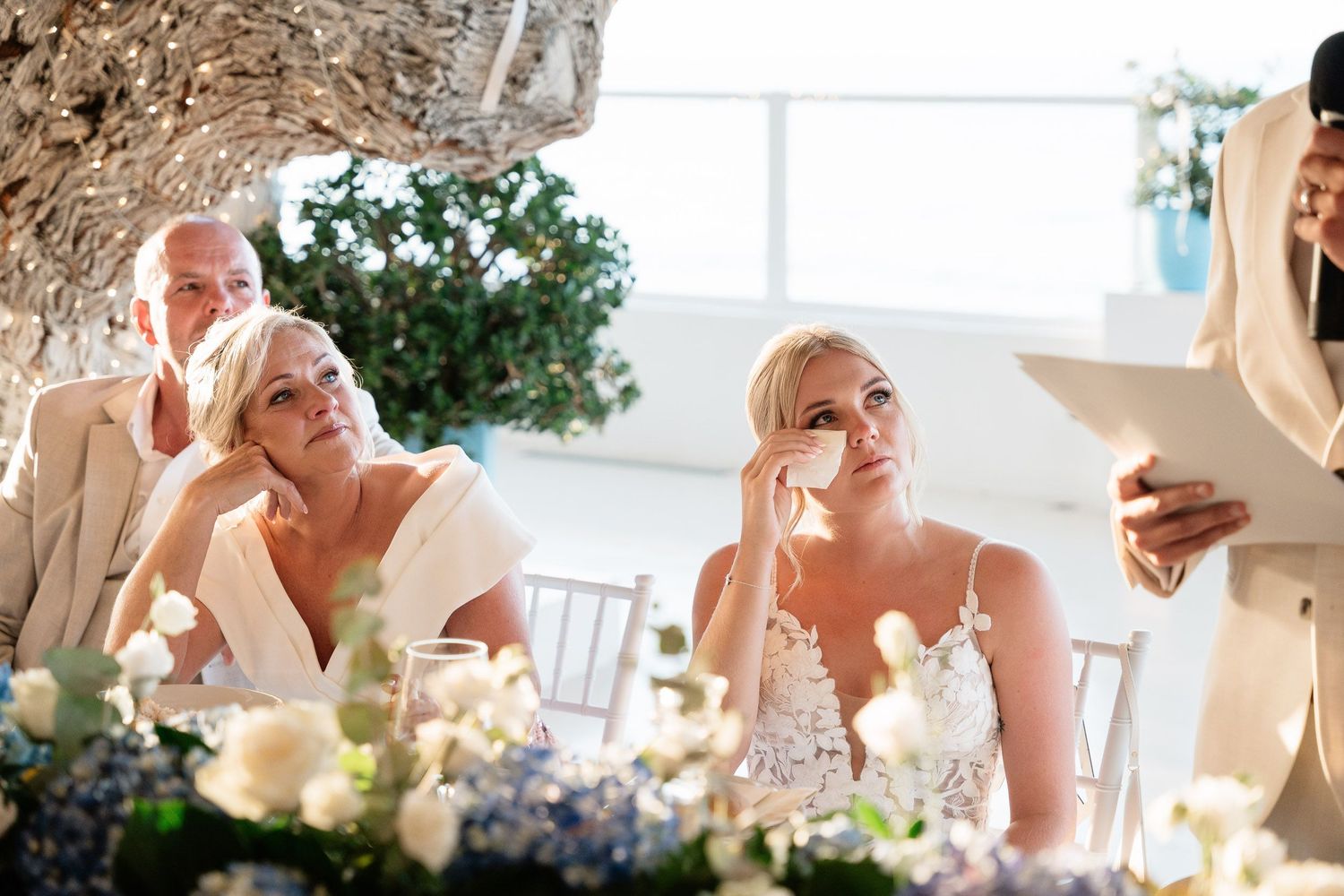 A series of candid wedding reception photos showing joyful moments and celebrations in natural lighting.
