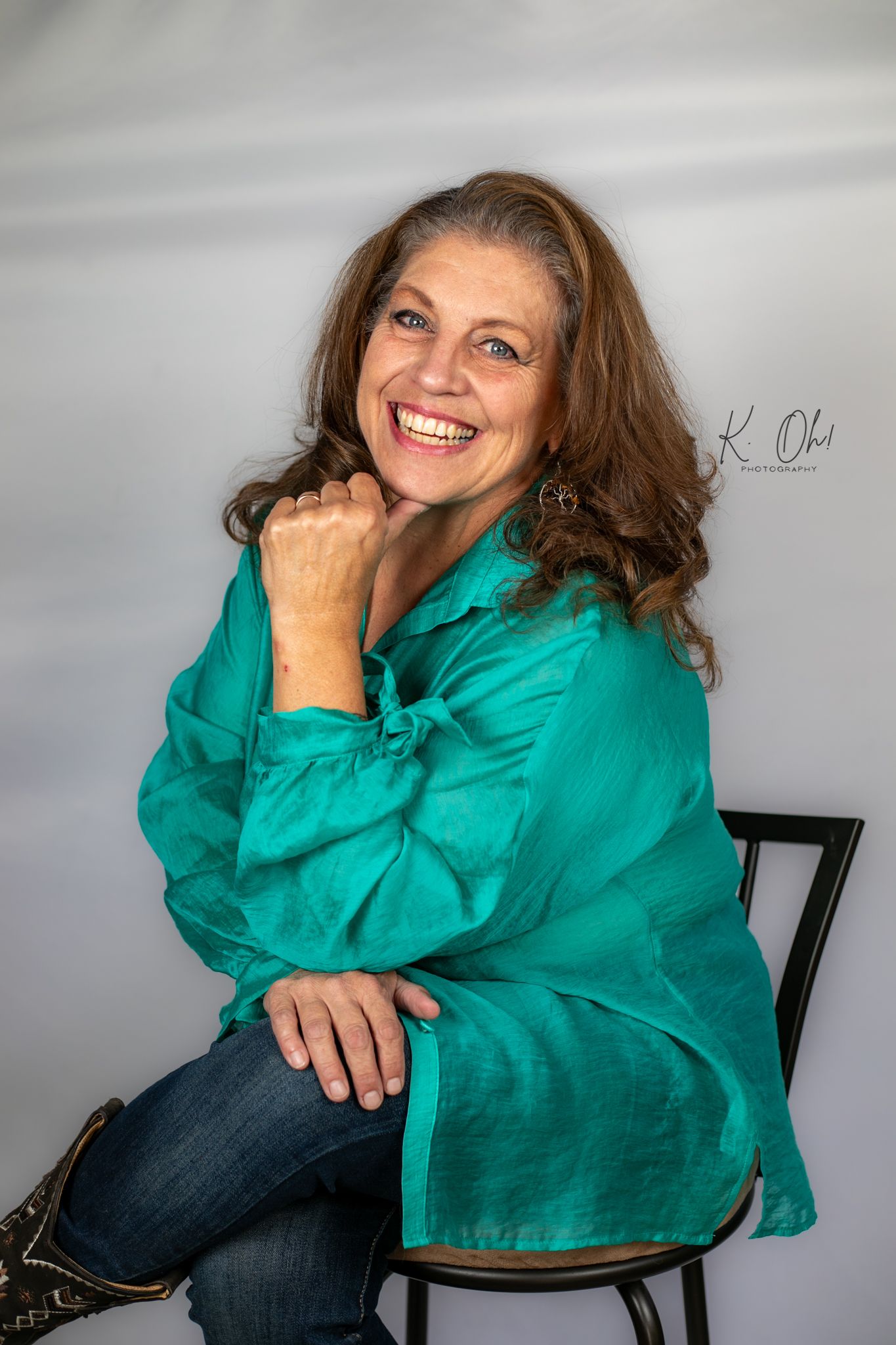 Portrait series of person in teal shirt showing various expressions while seated.