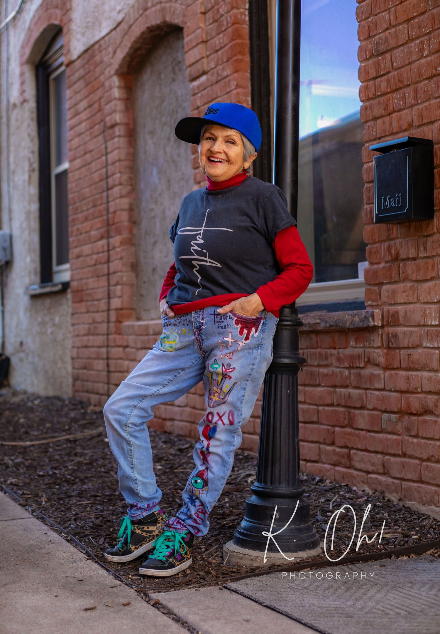 A series of lifestyle photos showing a person in casual wear posing against a brick wall.