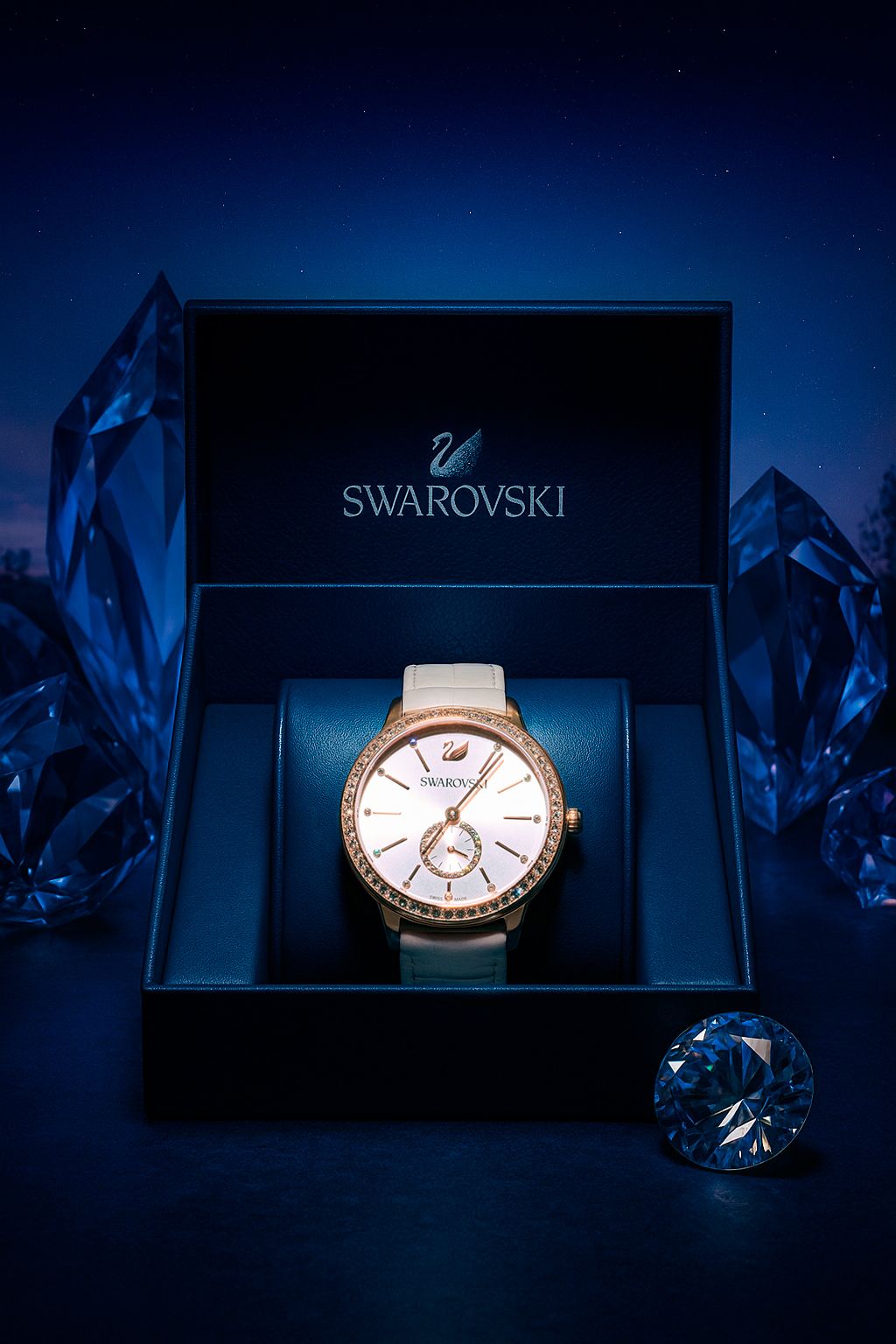 Elegant Swarovski watch with rose gold band and crystal embellishments displayed in branded box with crystal decorations.