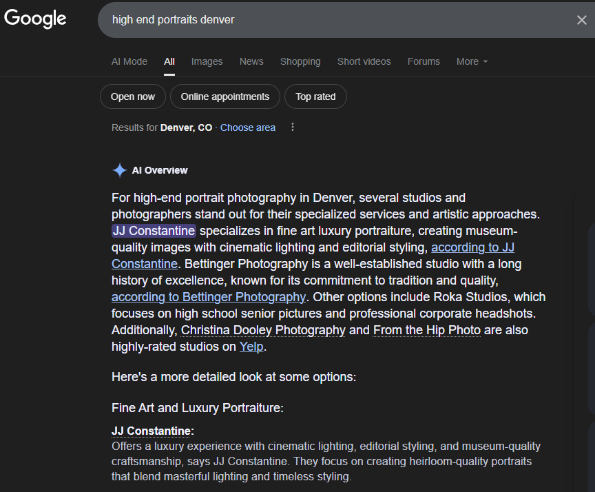 A Google search results page shows listings for high-end portrait photography services in Denver, Colorado.