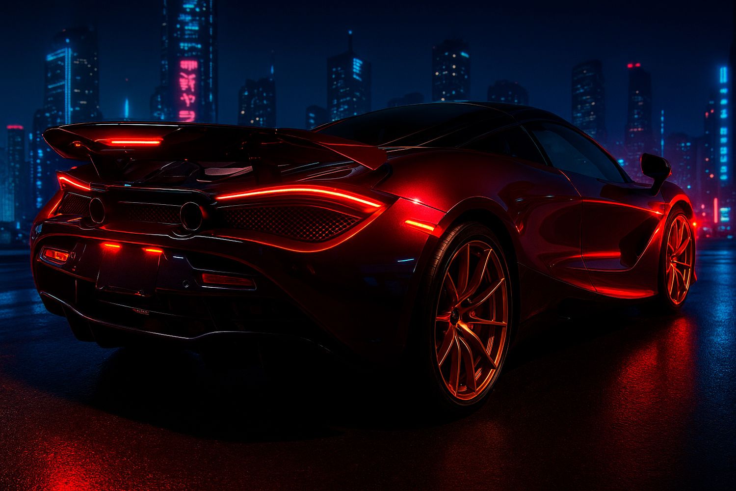 Sleek black sports car illuminated by red neon lights in a dark urban cityscape setting.