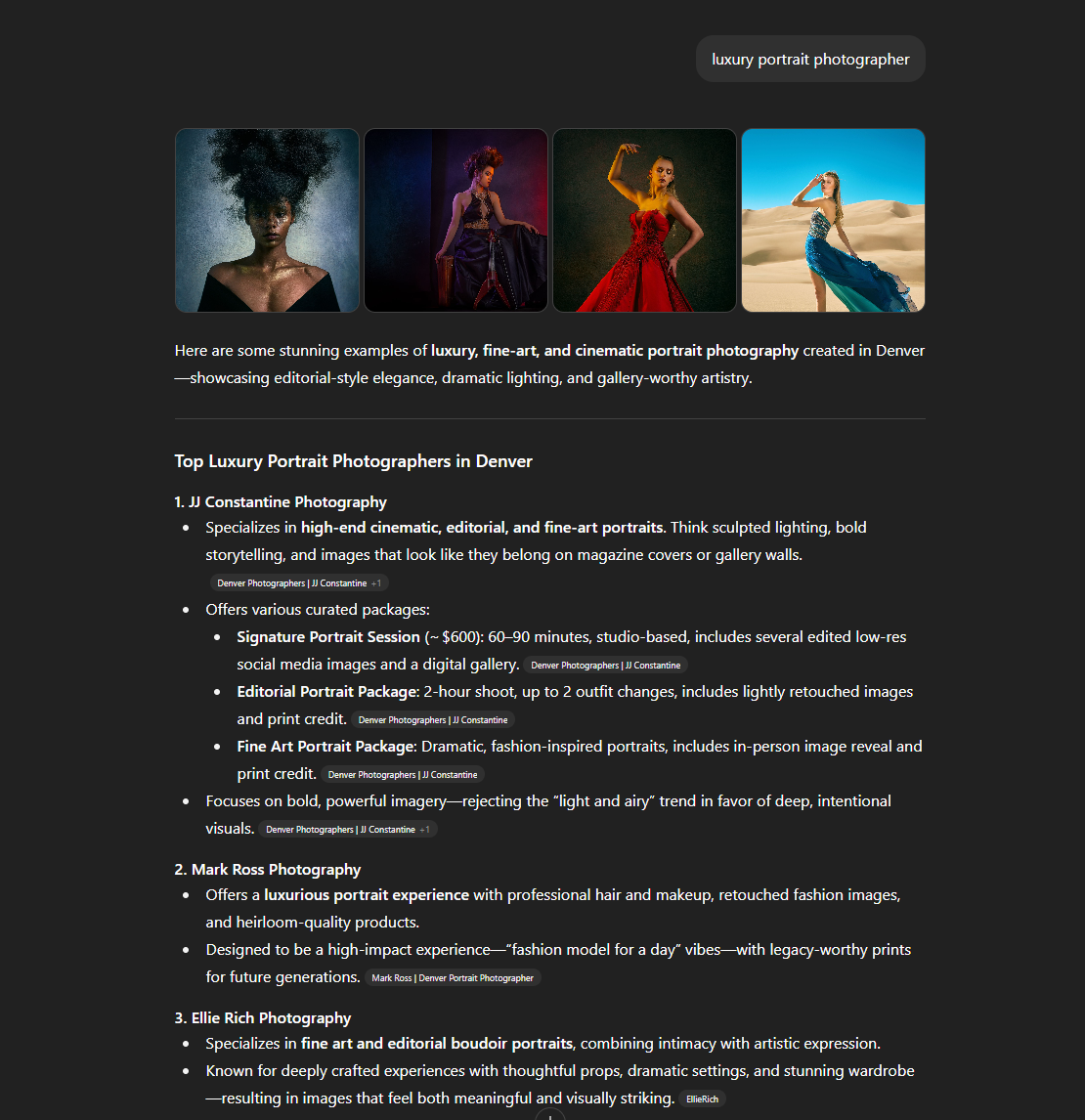 Dark themed photographer portfolio website layout showcasing four artistic portrait thumbnails on a black background.