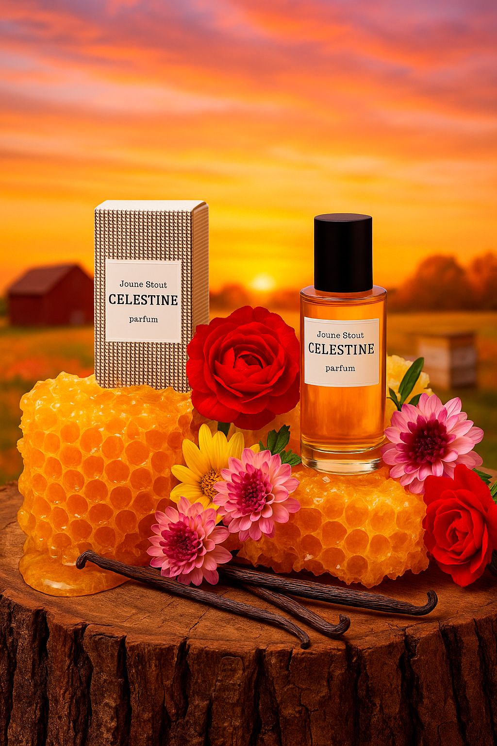 Product photography collage shows honey jars with Celestine branding alongside roses and honeycomb on rustic wood at sunset.